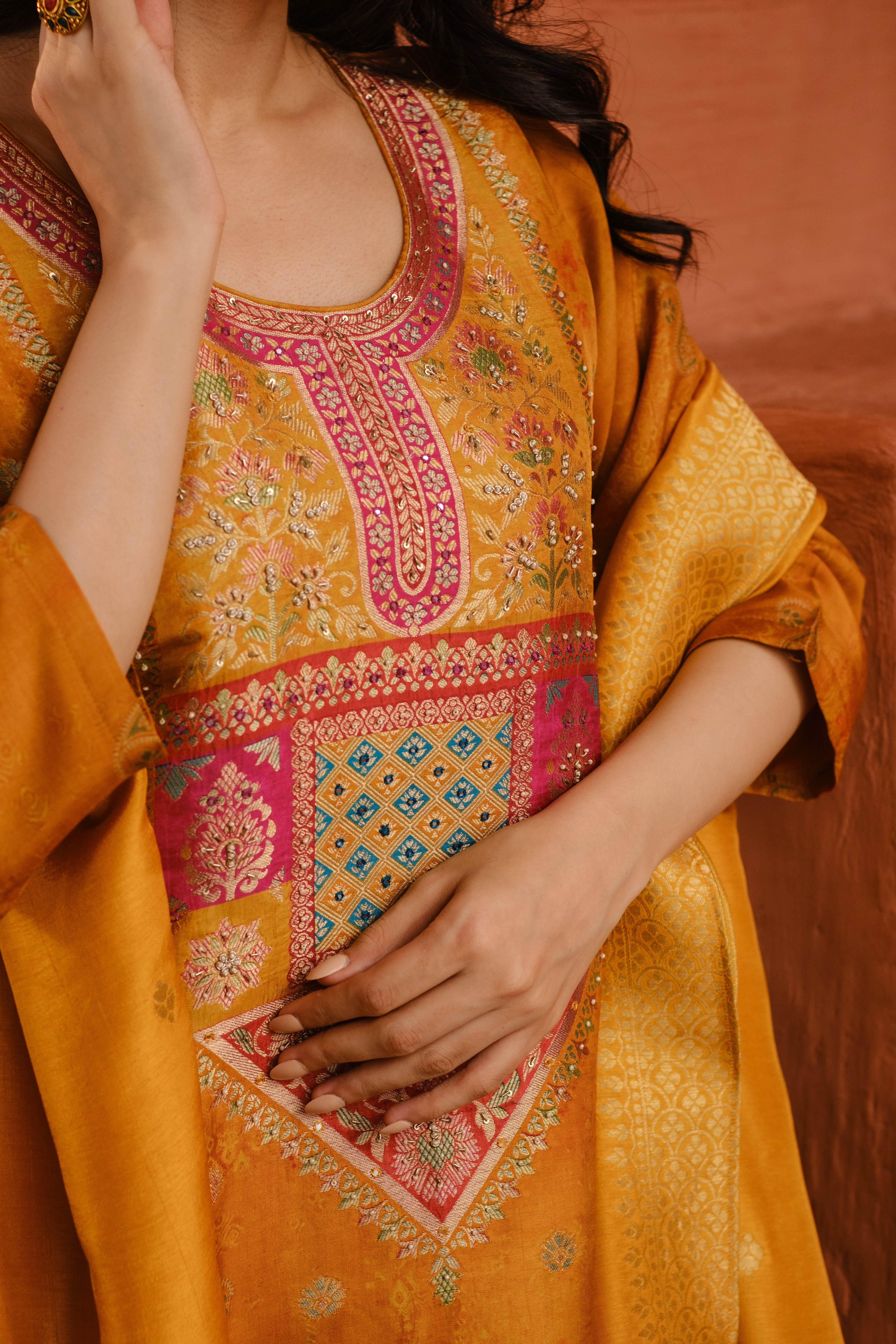 Heritage Premium Dola Jacquard Suit Set – Mustard Yellow | HER-483