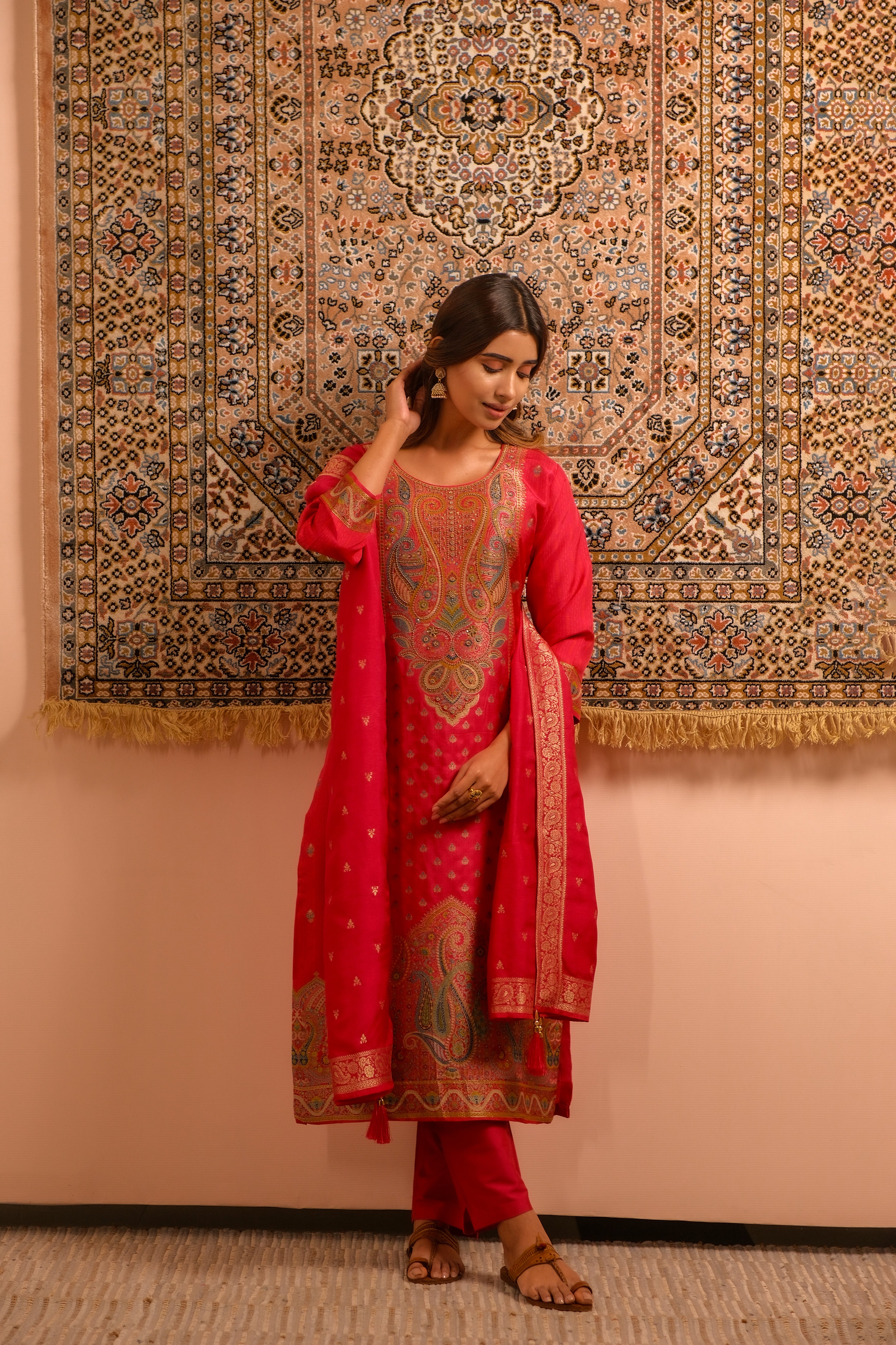 Meher Pink Dola Jacquard Suit Set | HER-487