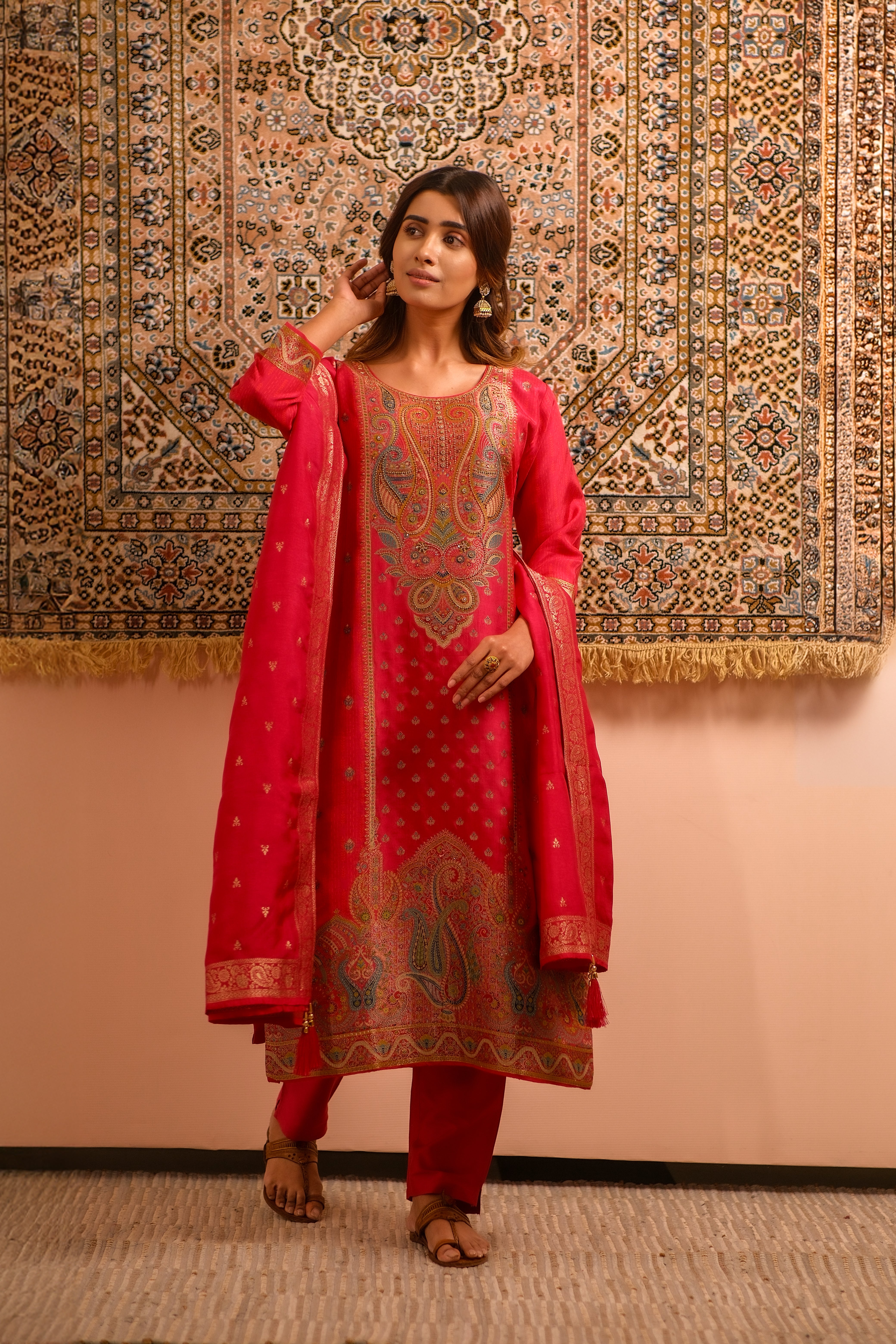 Meher Pink Dola Jacquard Suit Set | HER-487