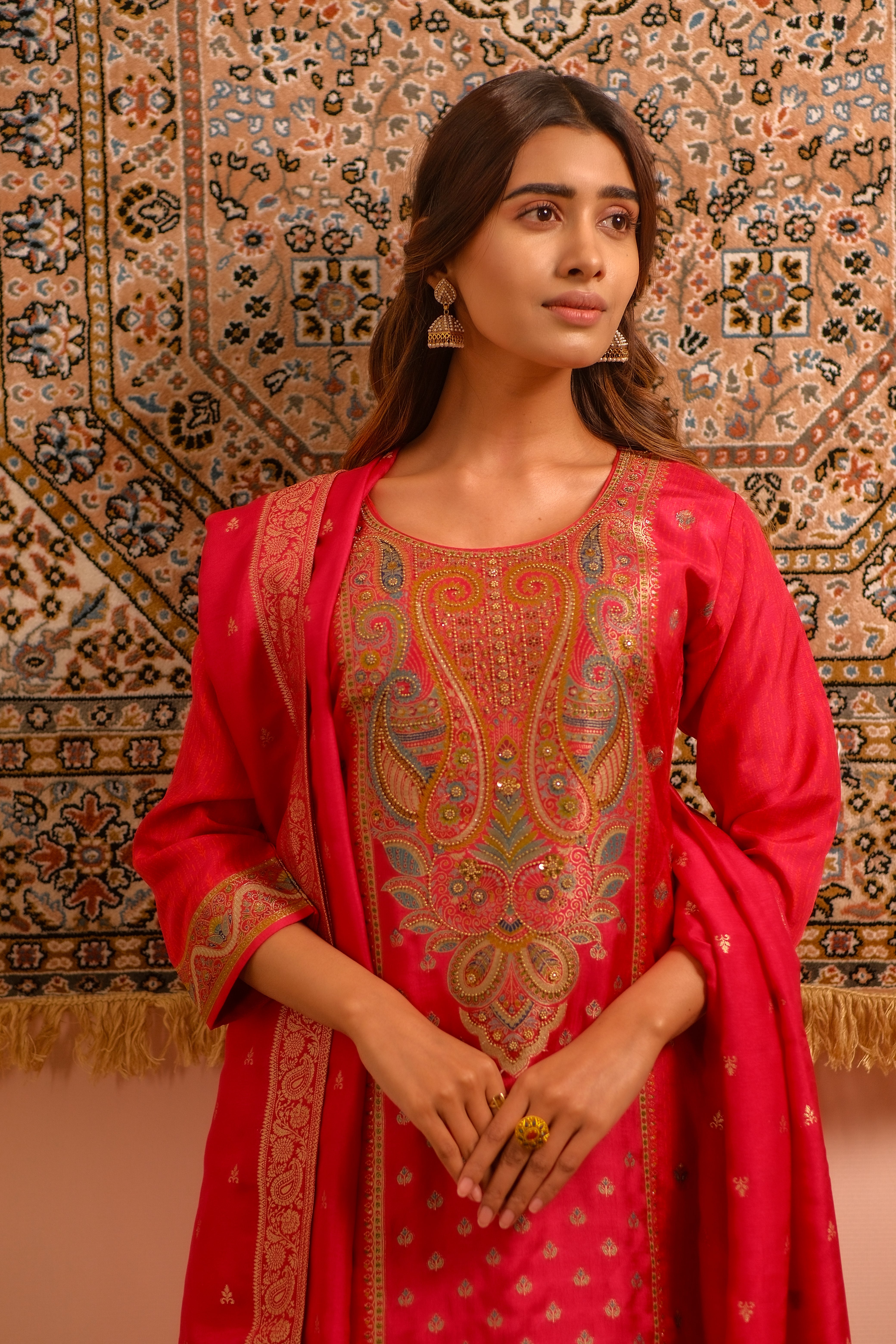 Meher Pink Dola Jacquard Suit Set | HER-487