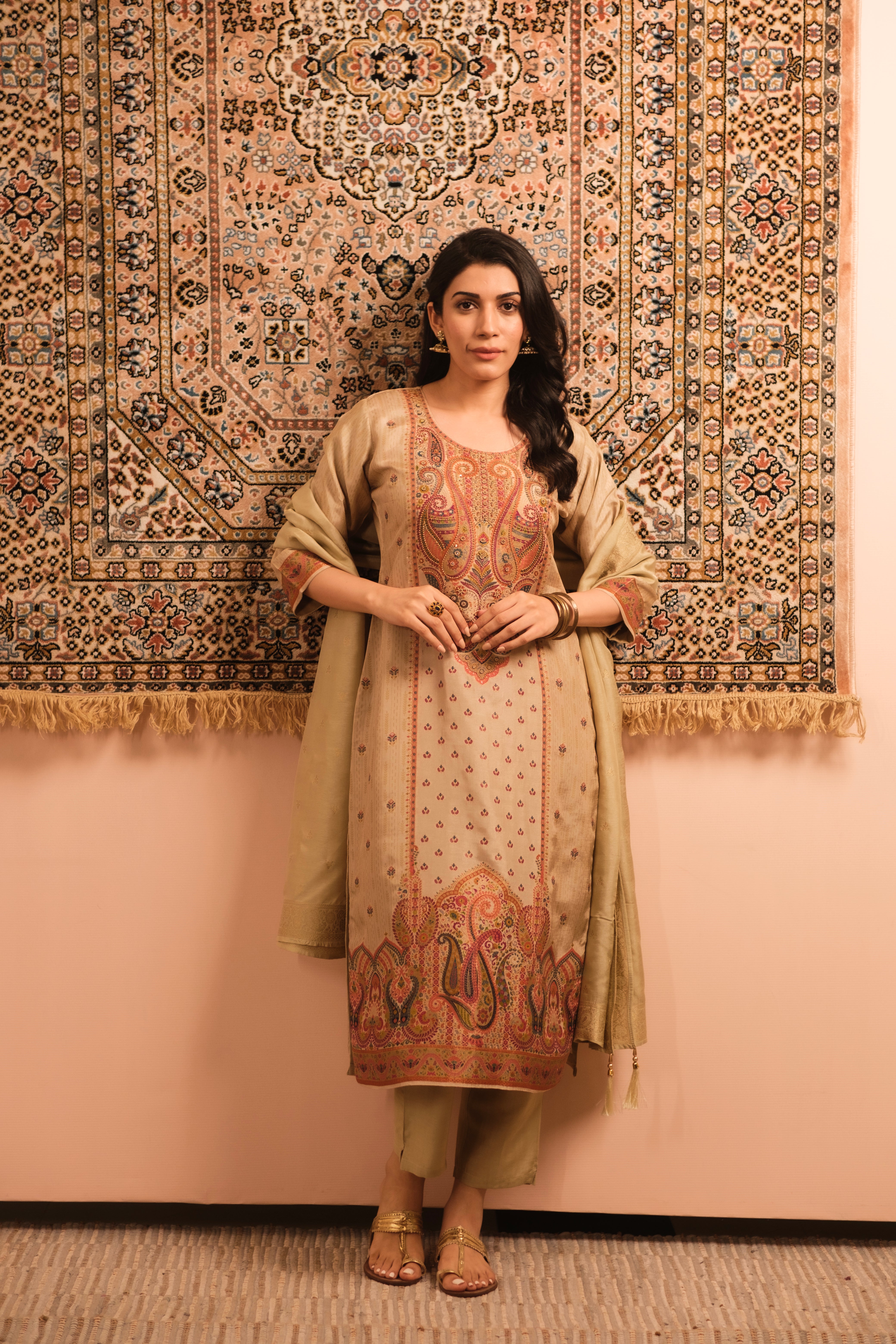 Meher Warm Beige Dola Jacquard Suit Set | HER-487
