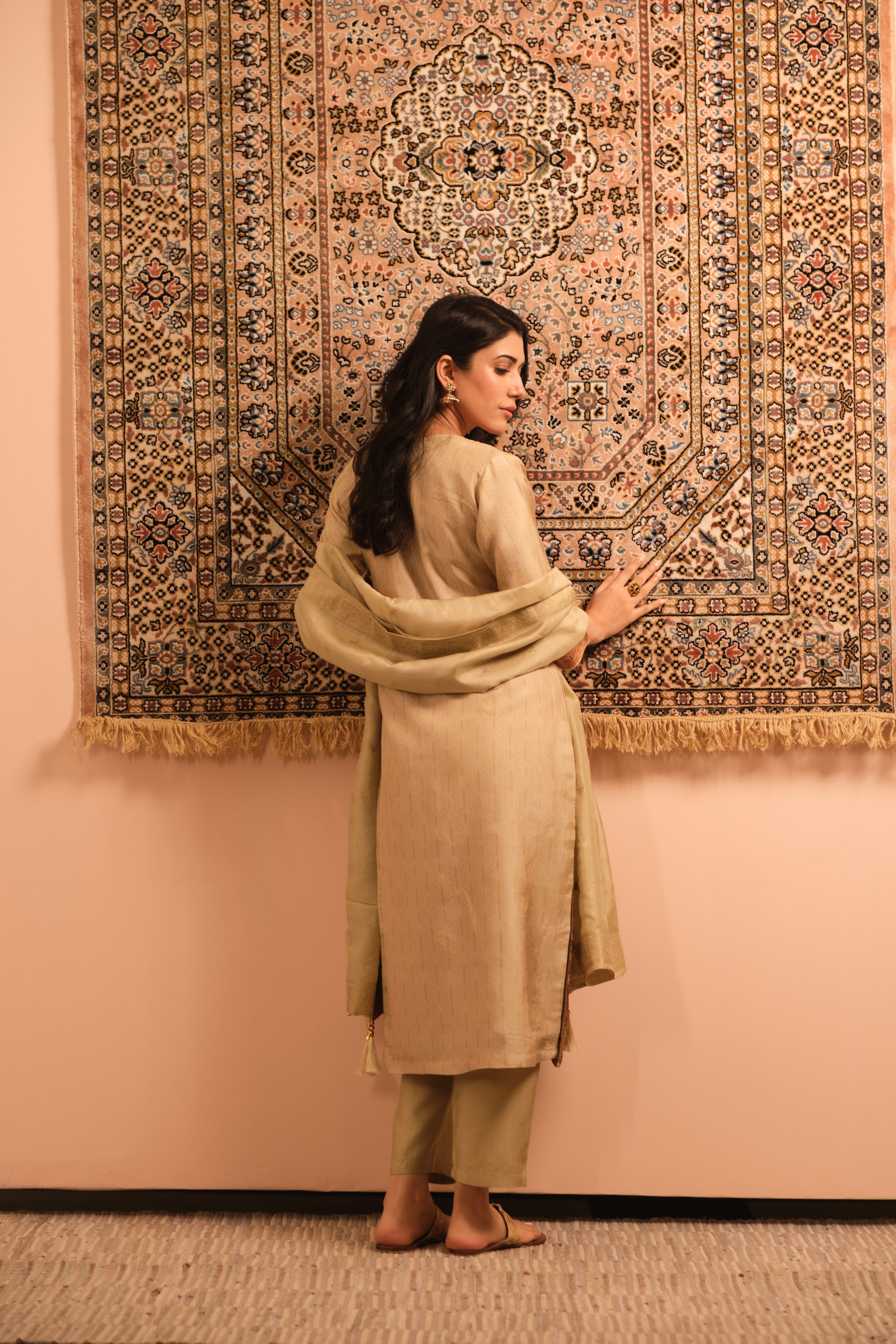 Meher Warm Beige Dola Jacquard Suit Set | HER-487