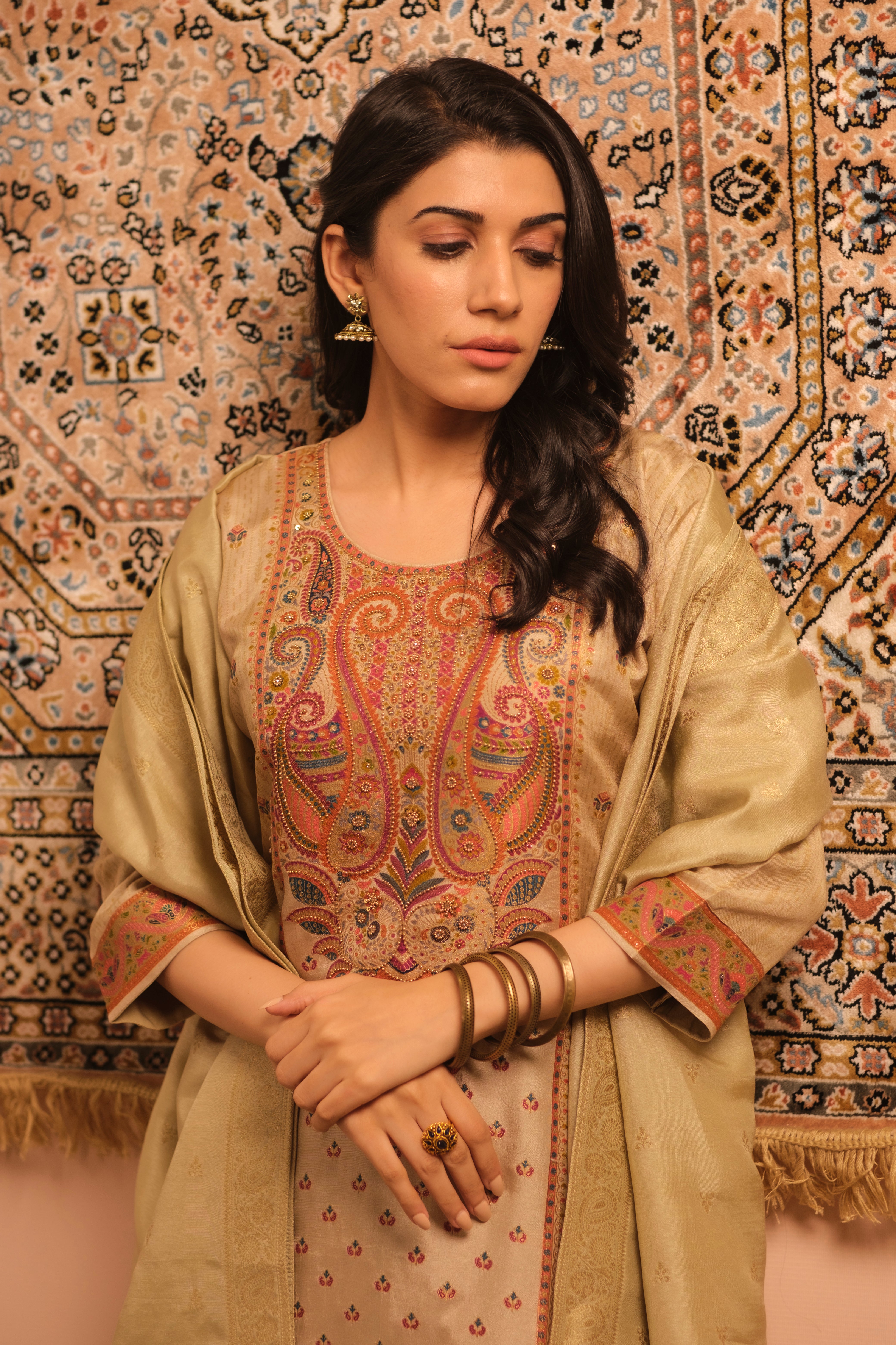Meher Warm Beige Dola Jacquard Suit Set | HER-487