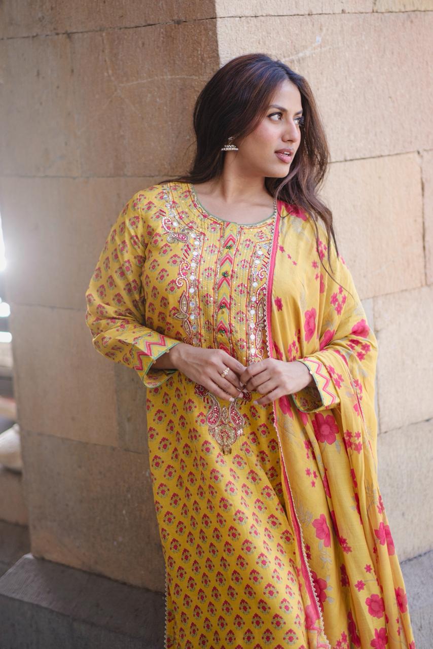 Sunshine Yellow Floral Chanderi Silk Suit Set | HER-636