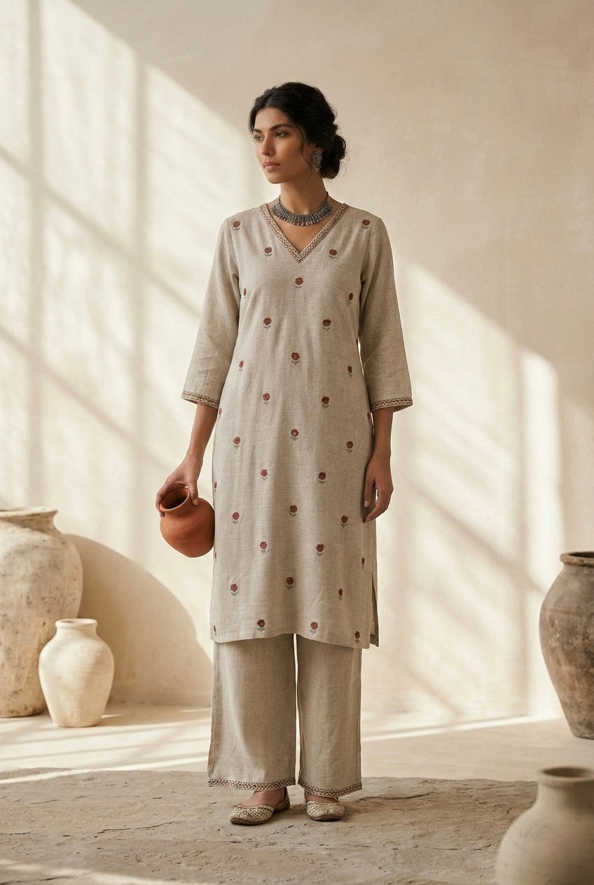 Ivory Saira Linen Kurta Set | HER-646