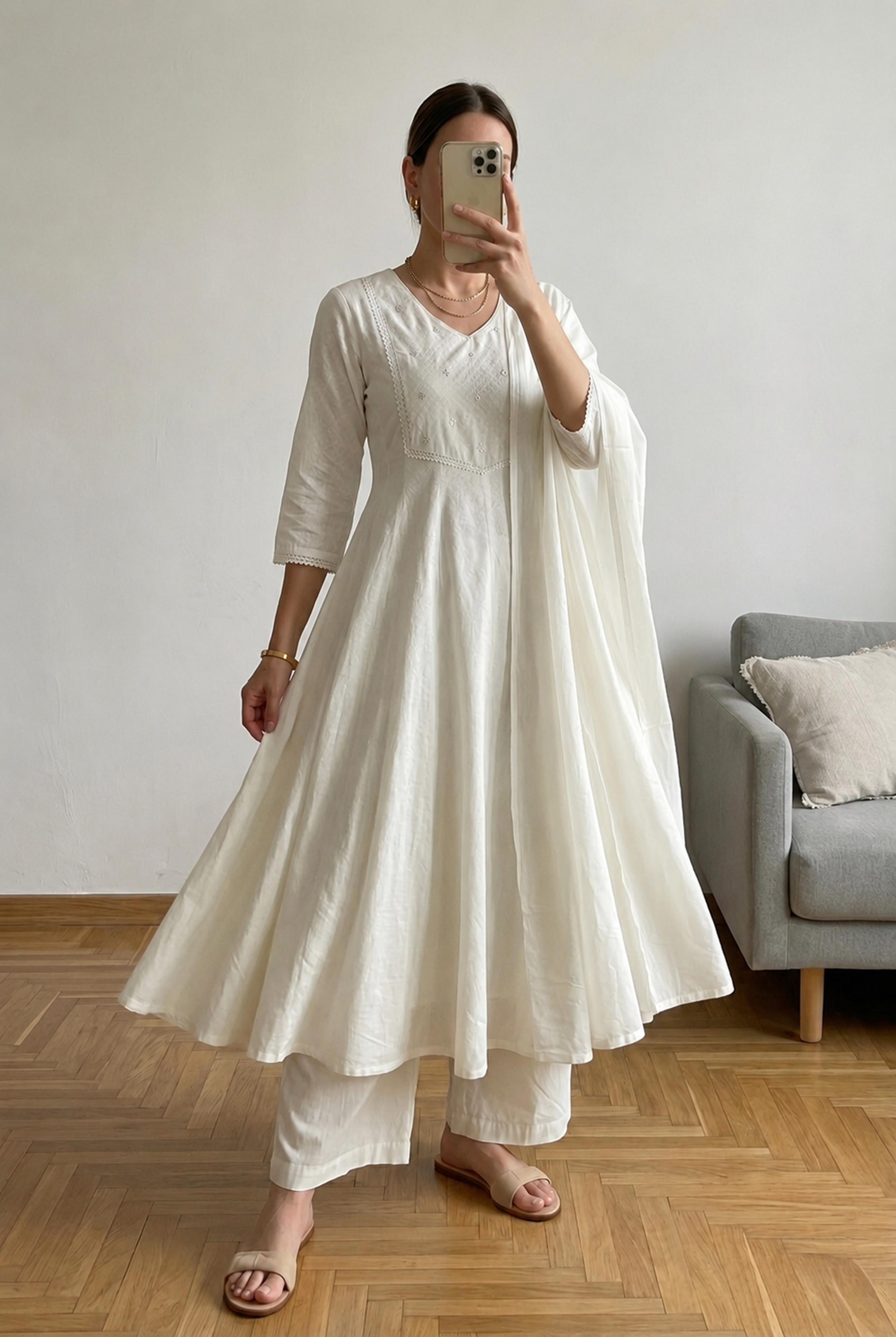 Ivory White A-Line Cotton Suit Set | HER-685