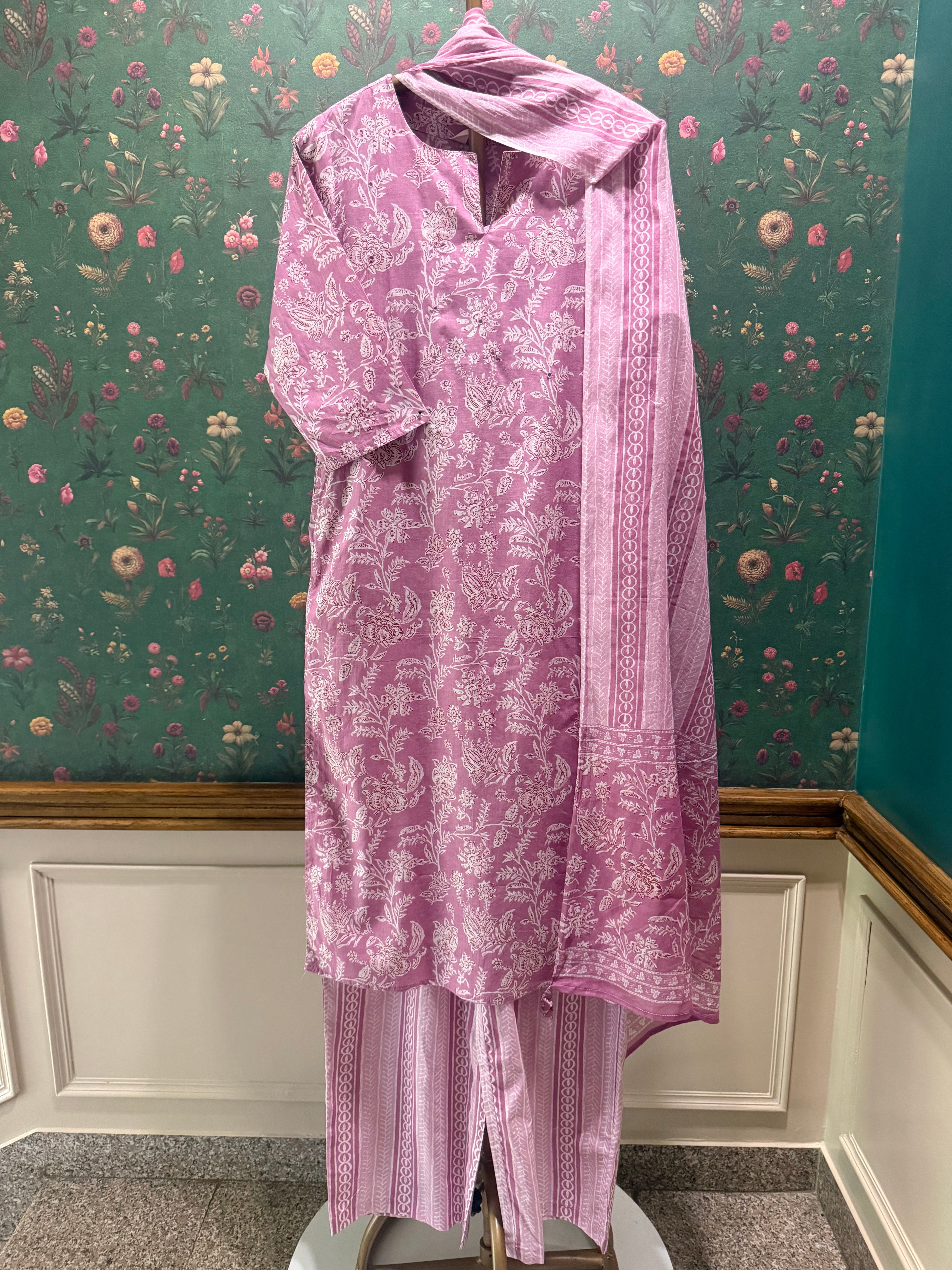 Blush Pink Printed Cotton Suit Set | HER-731