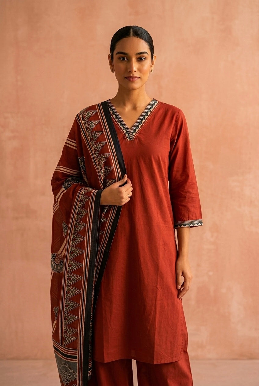 Rust Red Classic Cotton Suit Set | HER-682