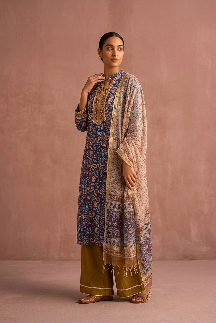 Royal Blue Floral Printed Cotton Suit Set, with Kota Doria Dupatta | HER-751