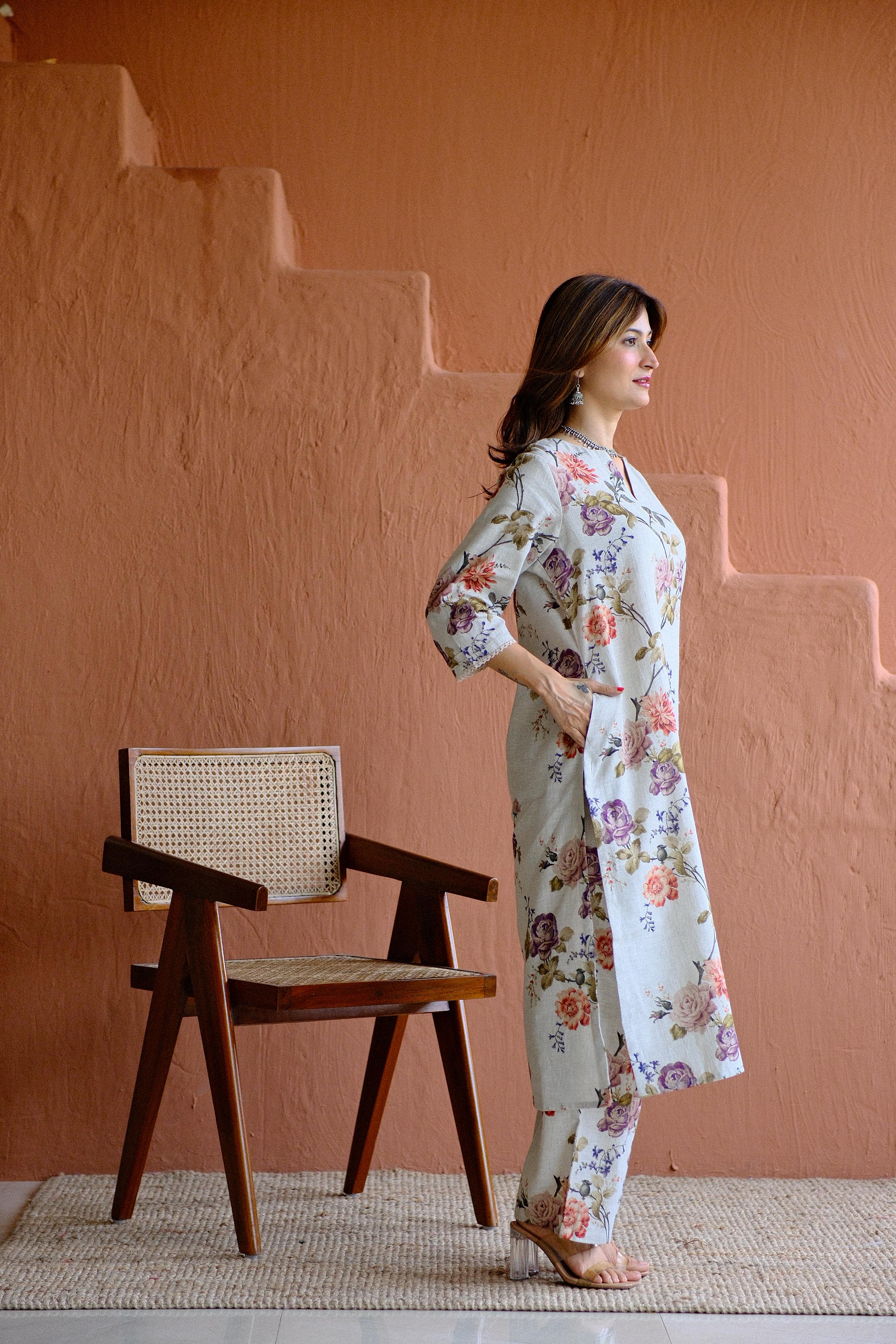 Rosalie Bloom Pure Linen Co-ord/Kurta Set | HER-465