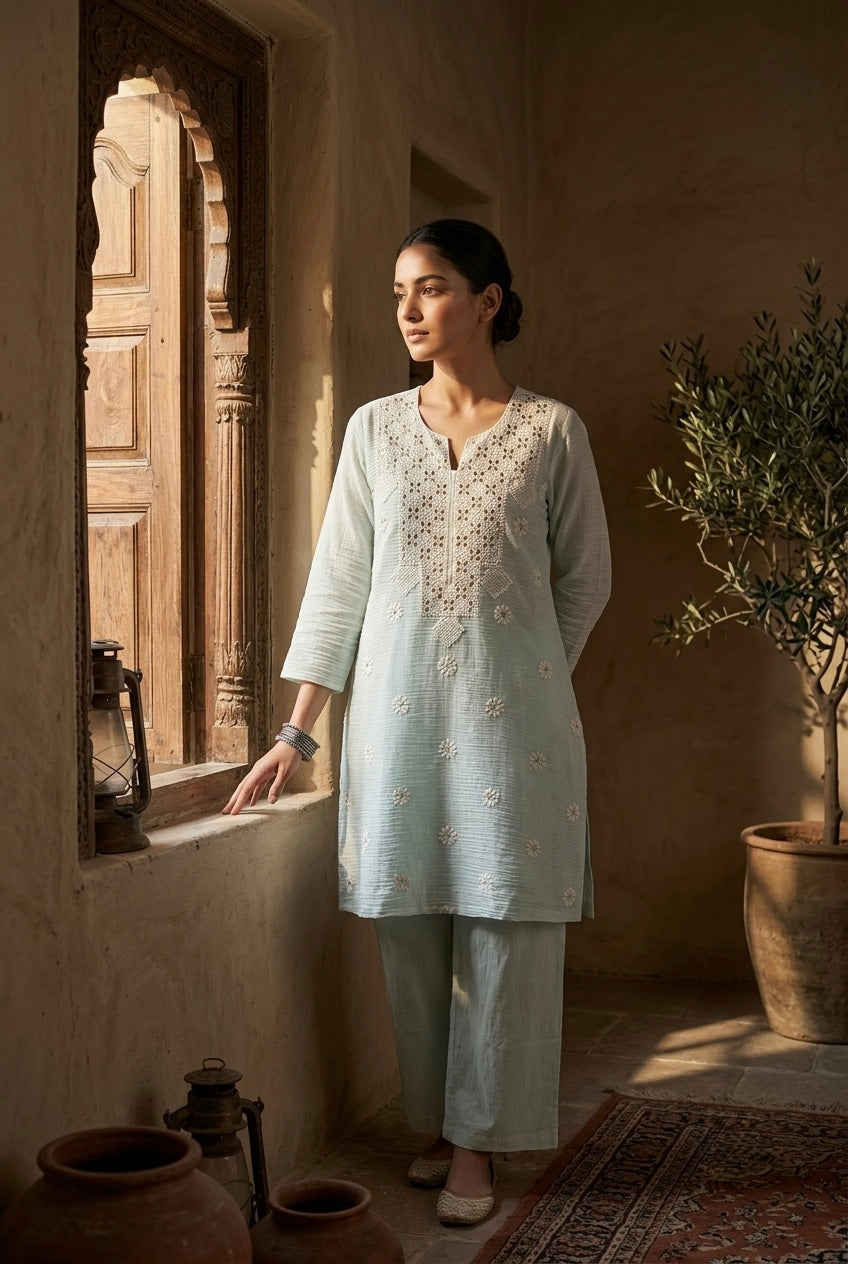 Pastel Blue Mul-Chanderi Kurta/Co-ord Set