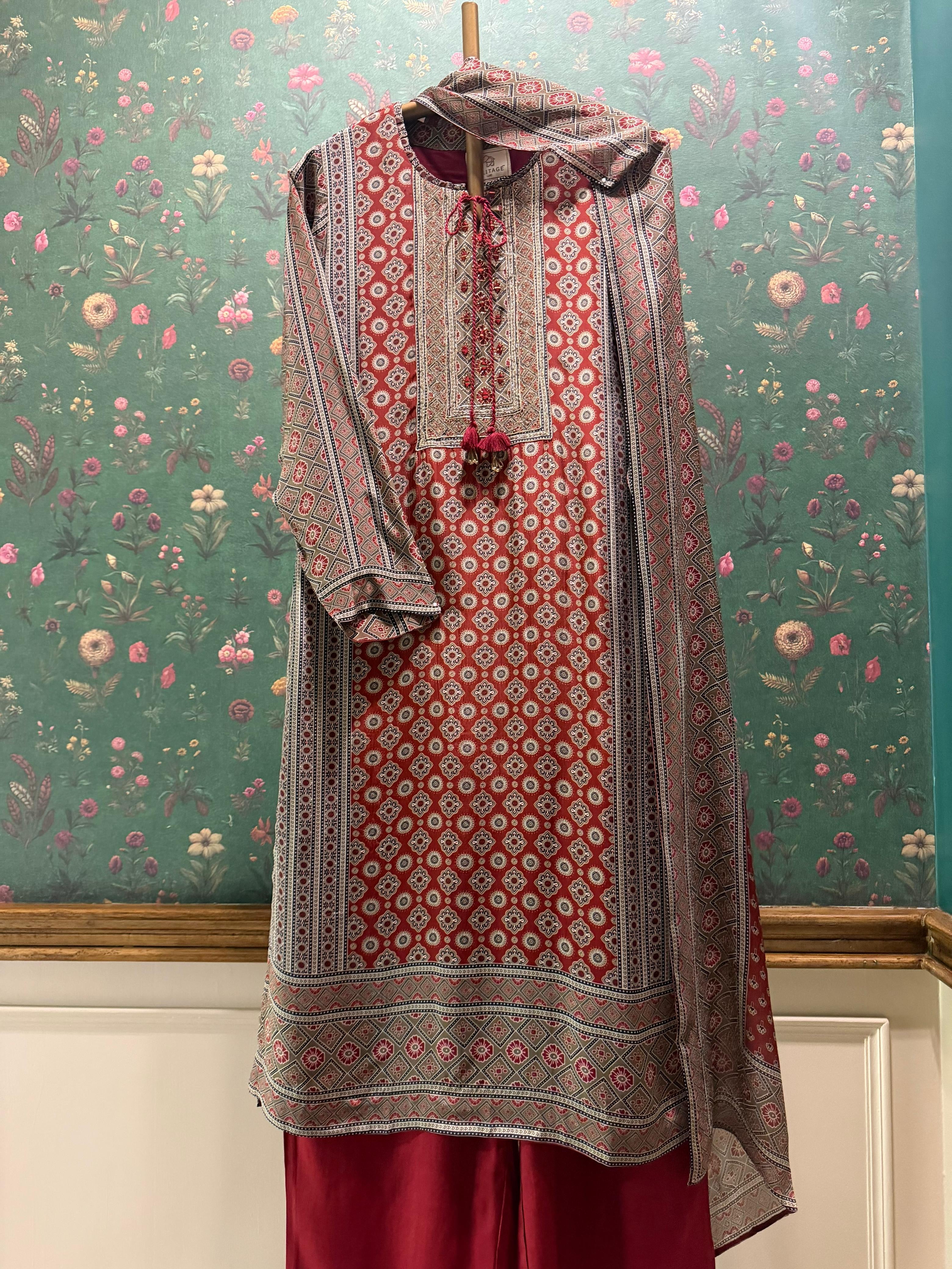 Rust Ajrakh Pure Crepe Suit Set | HER-634 x Navjeet Kaur