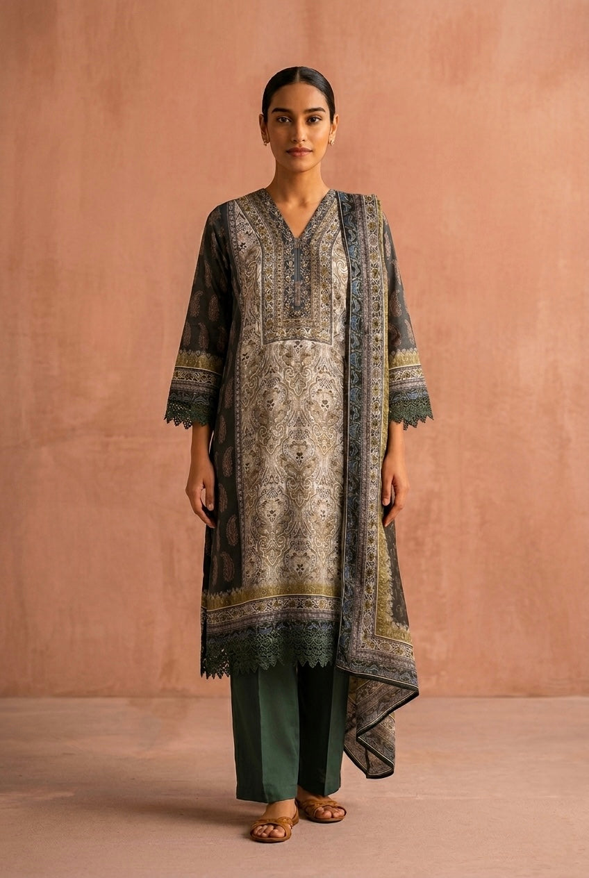 Moss Green Pure Crepe Suit Set | HER-633