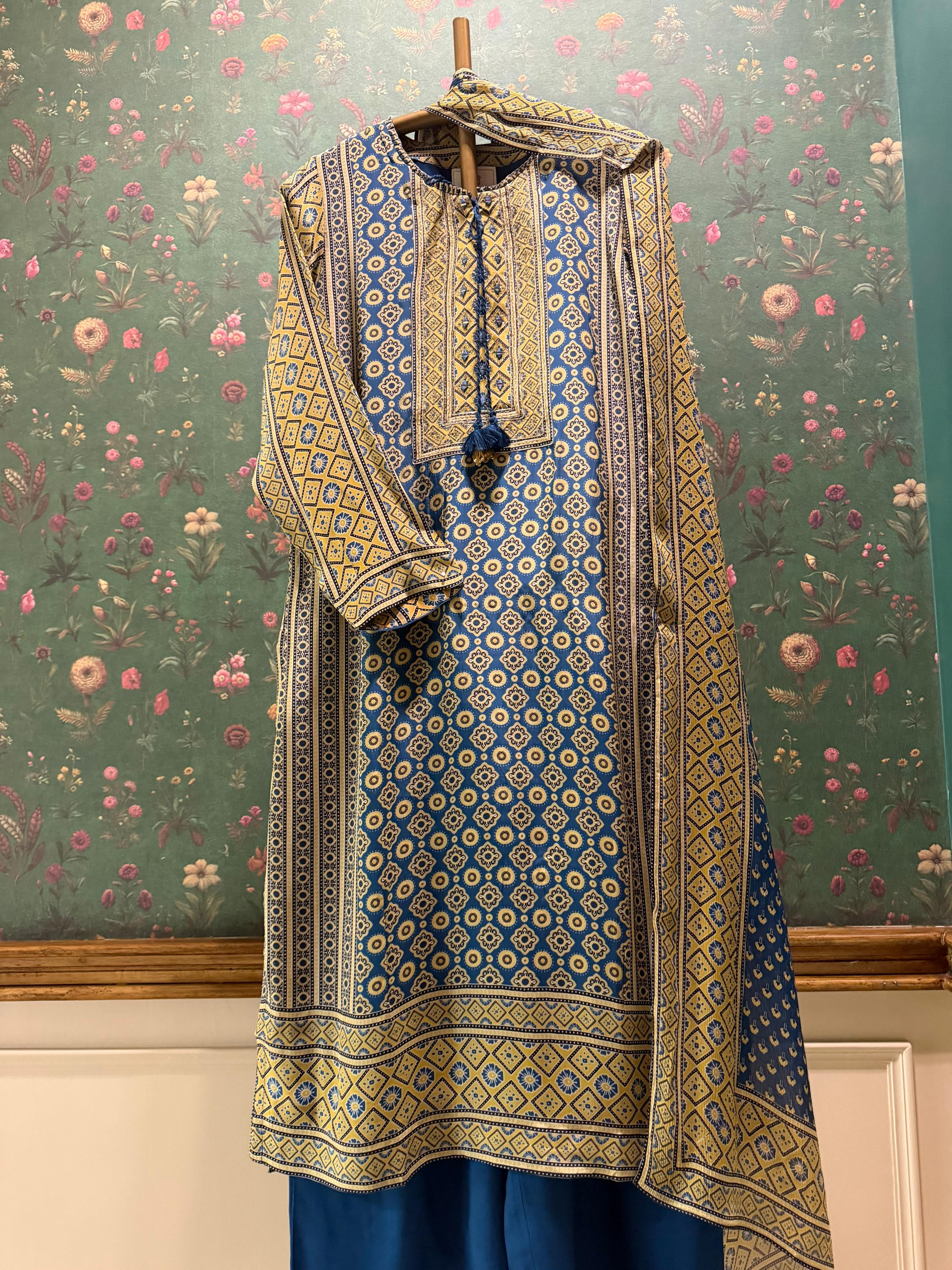 Blue Ajrakh Pure Crepe Suit Set | HER-634
