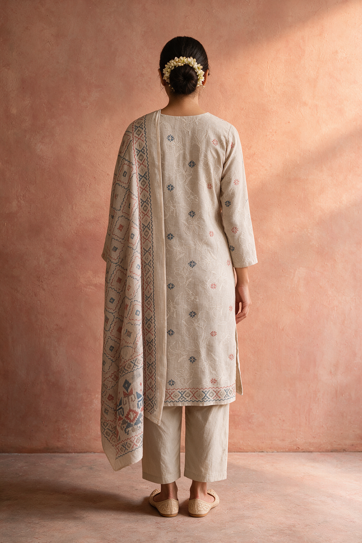 Warm Ivory Linen Embroidered Suit Set