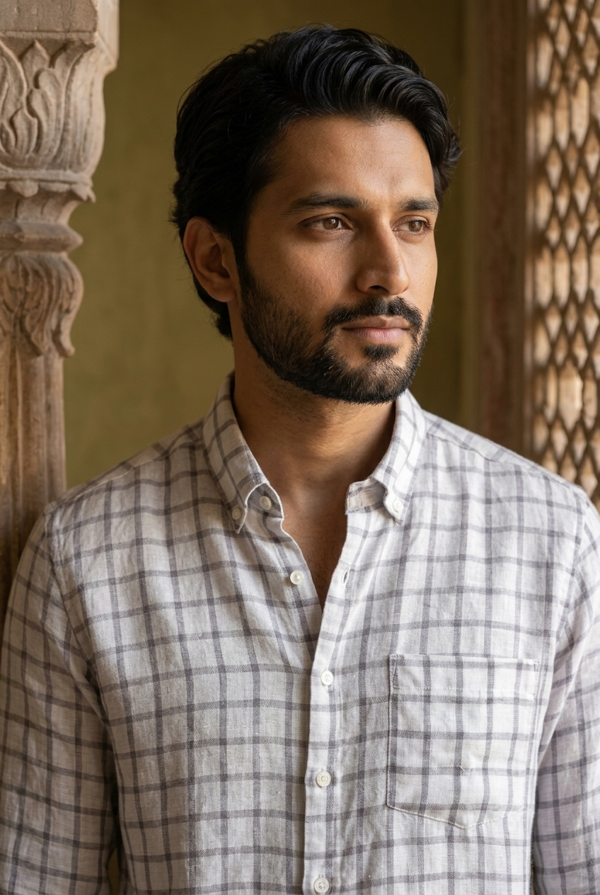 Men’s Ivory Grey Check Pure Linen Full Sleeves Shirt