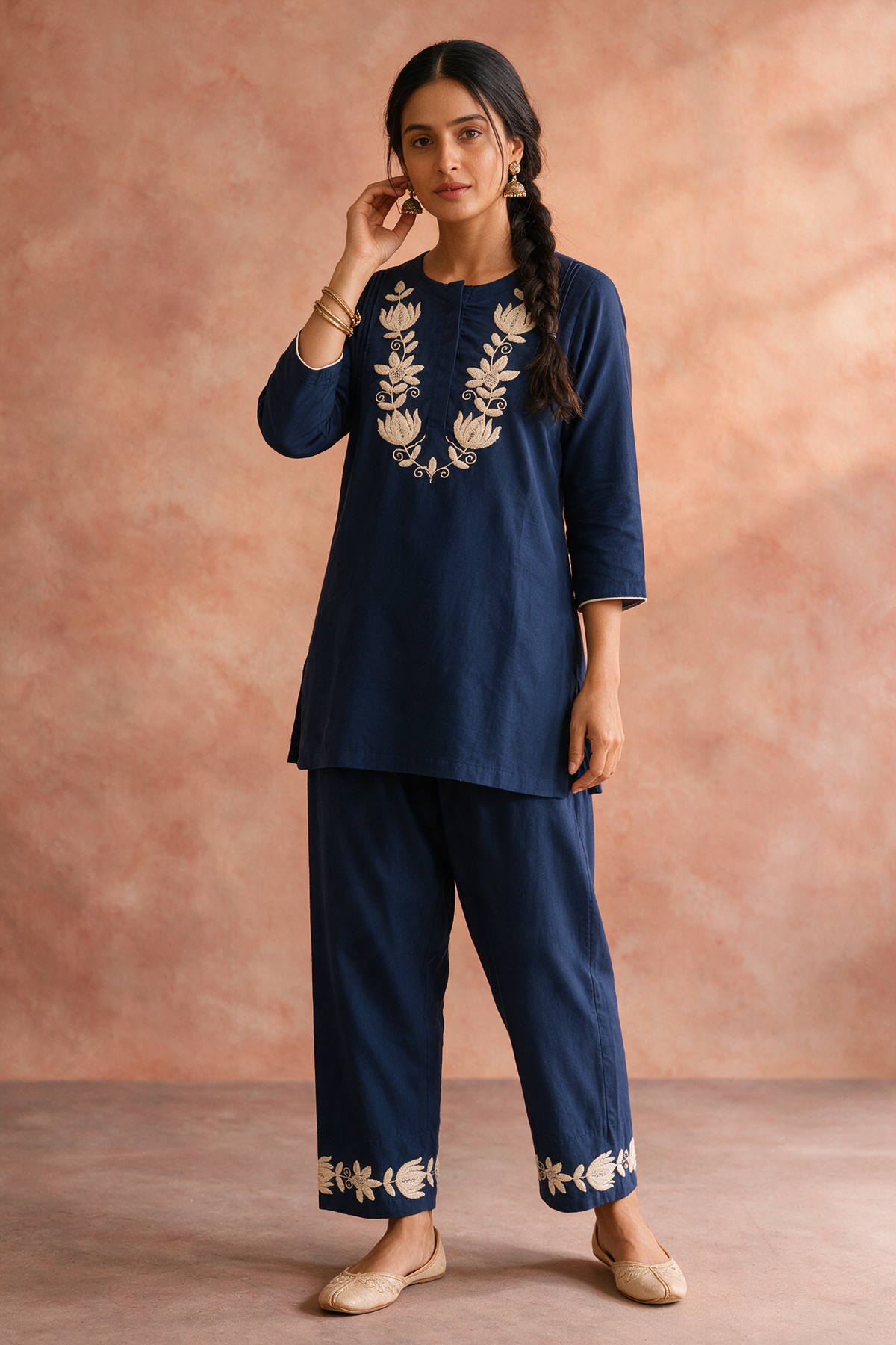 Navy Blue Lotus Embroidered Kurta Set