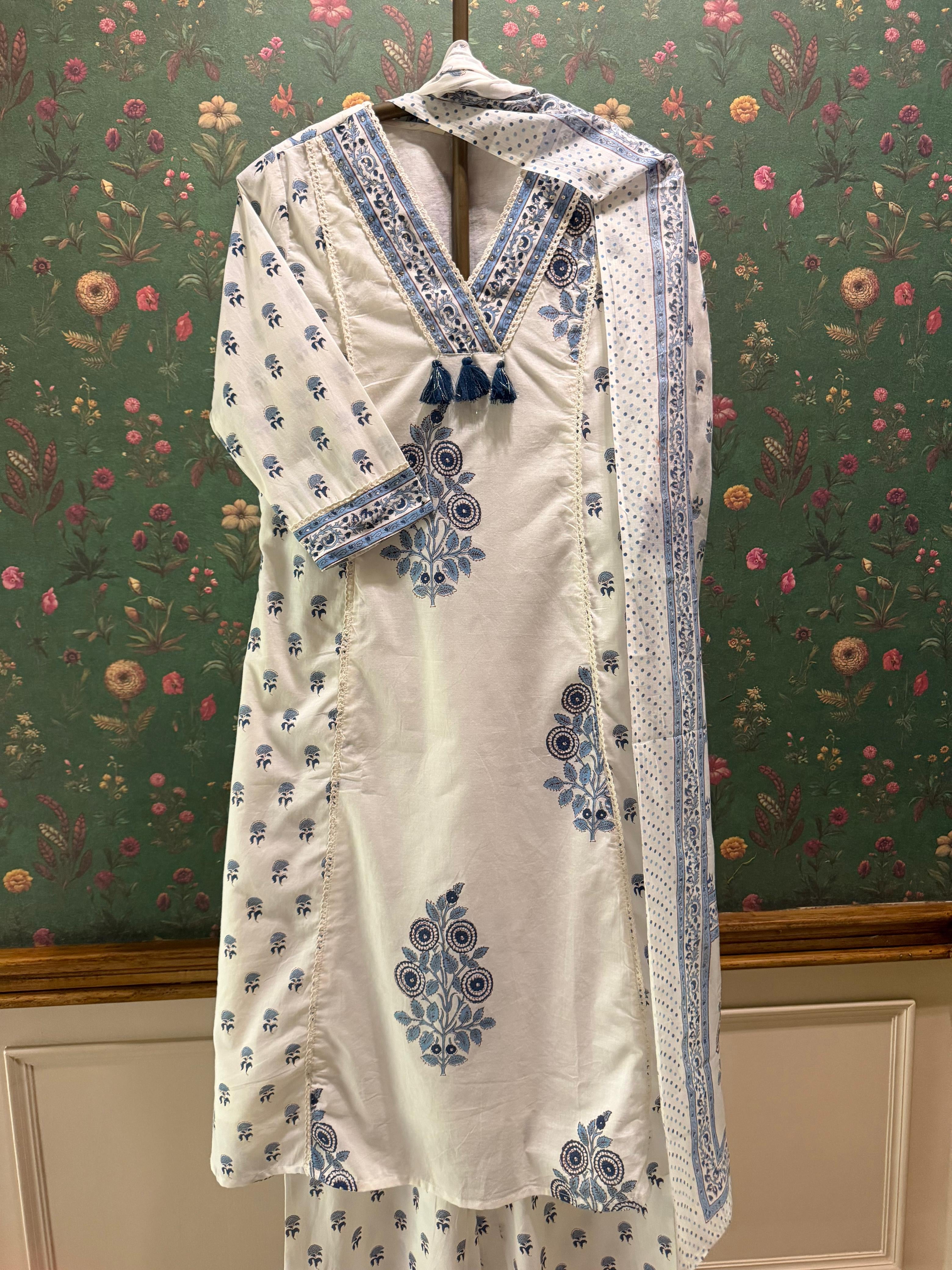 Ivory Blue Floral Printed A-Line Suit Set | HER-716