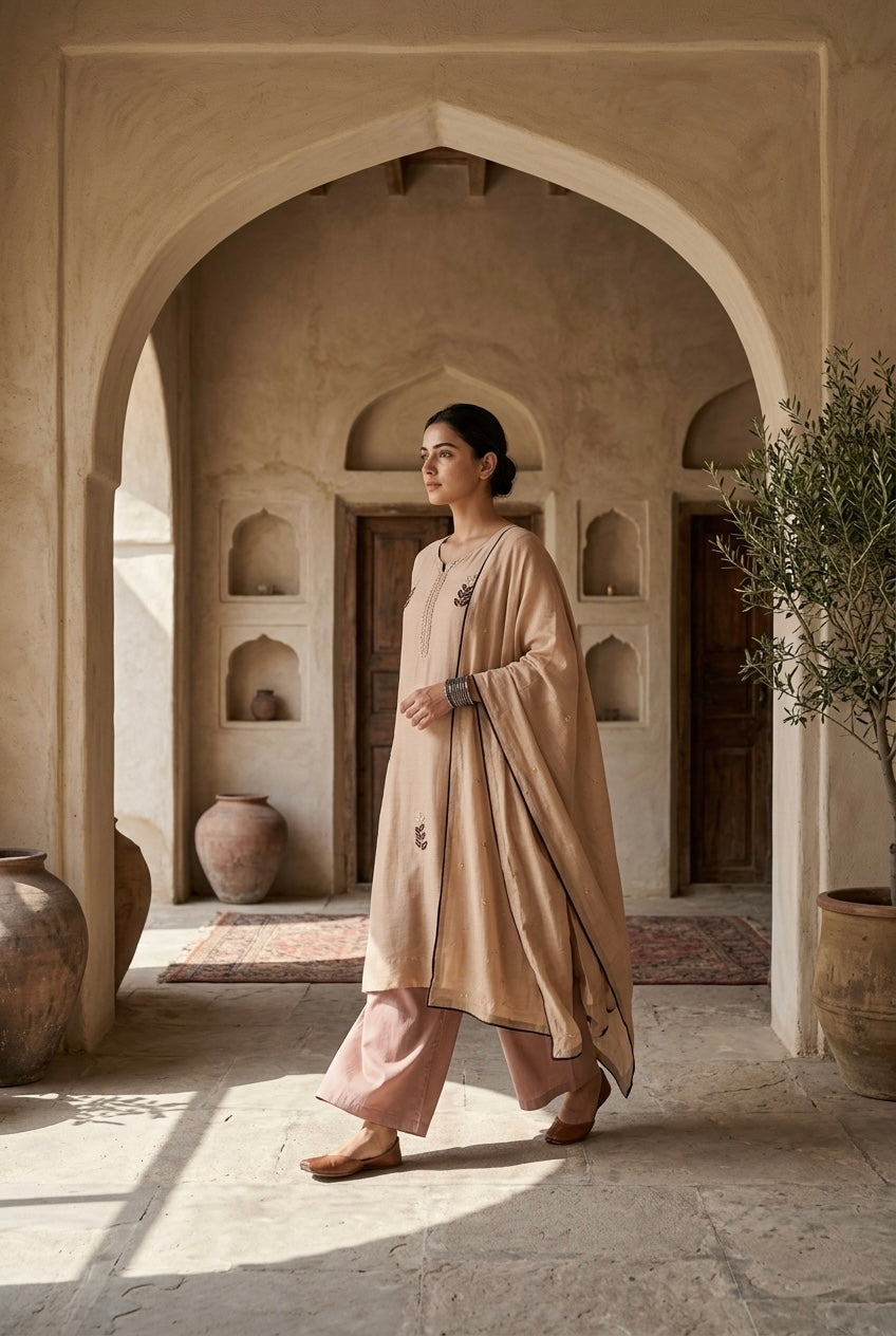Champagne Beige Embellished Mul Chanderi A-Line Suit Set