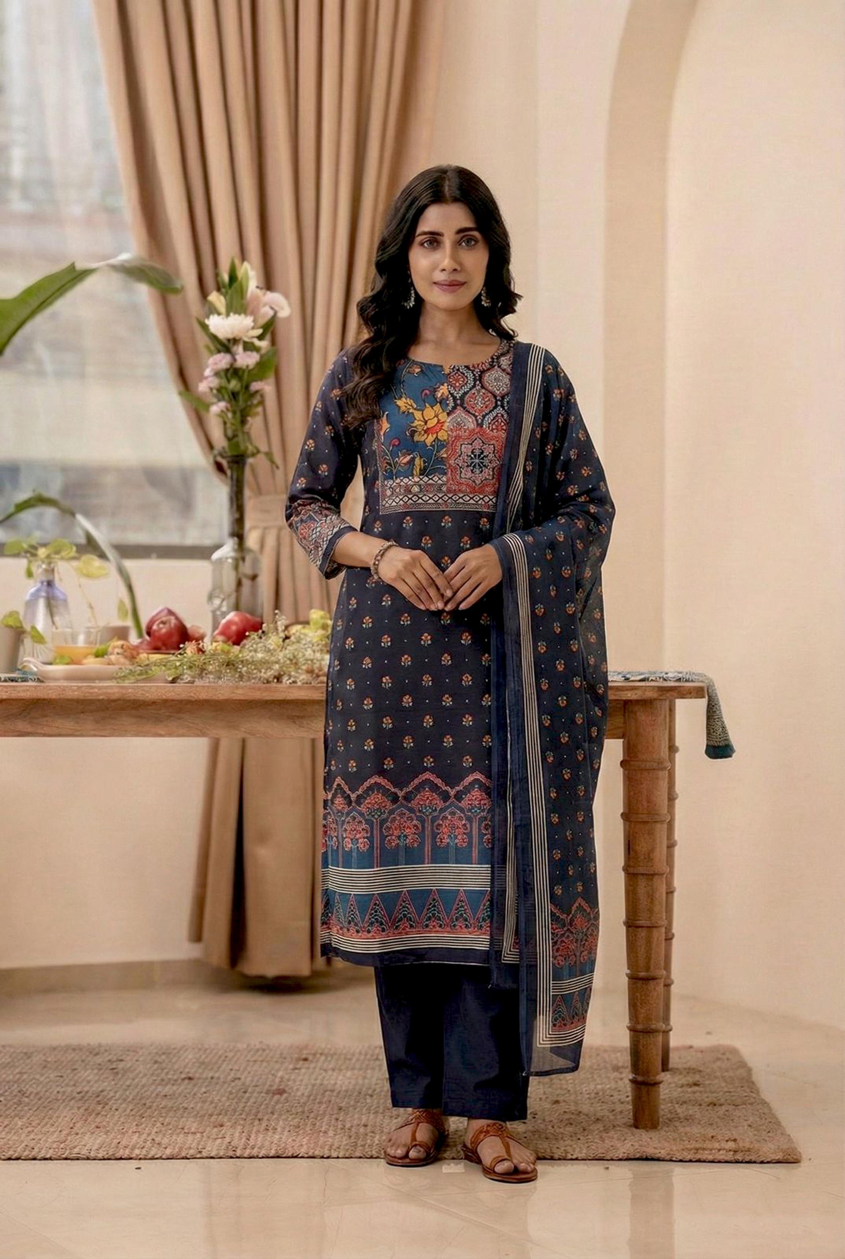 Black Straight fit Cotton Suit set