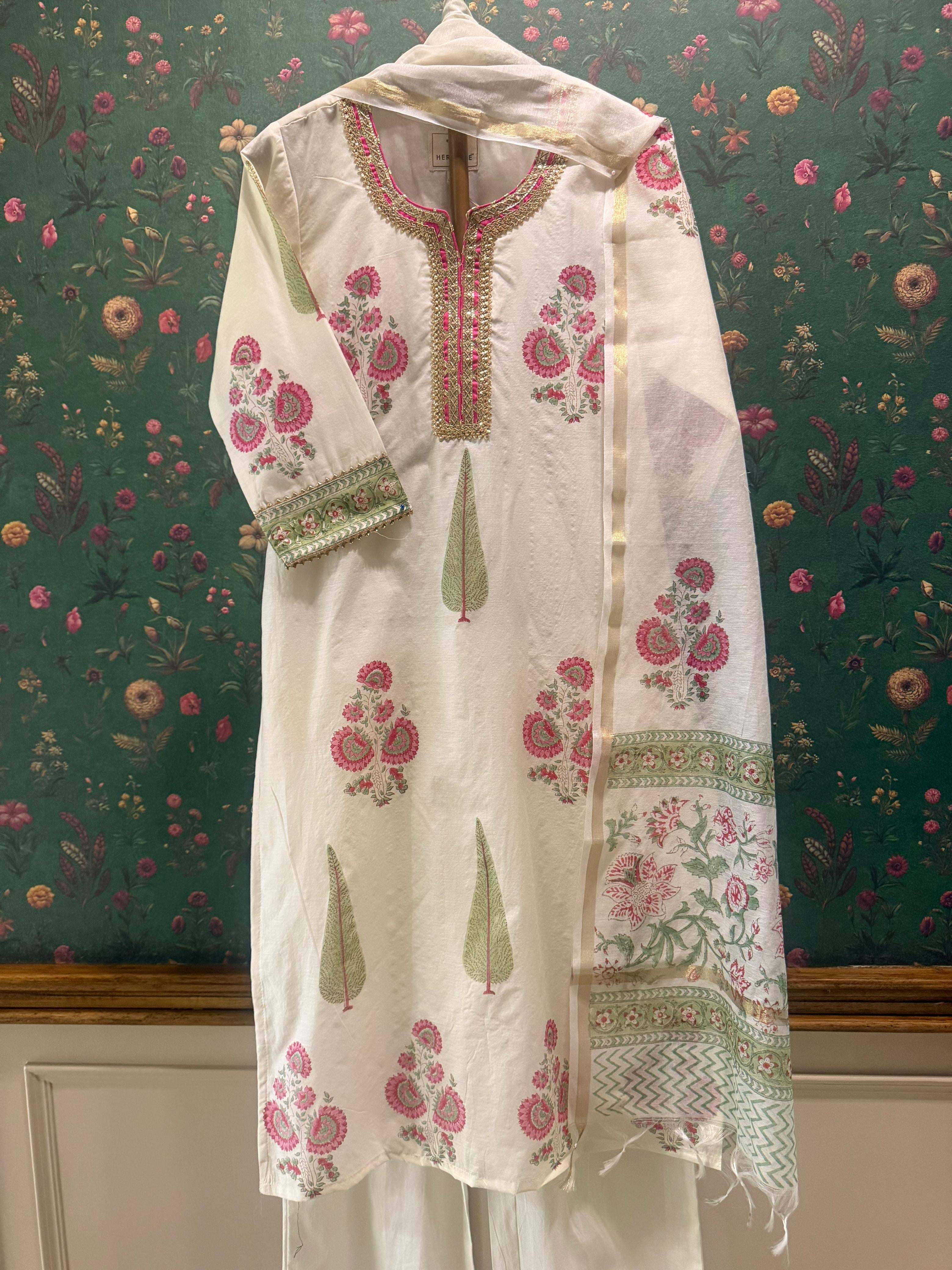 Ivory White Floral Printed Chanderi Suit Set | HER-758