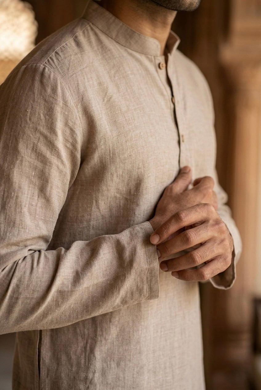 Men’s Pure Linen Kurta Pajama Set – Natural Beige