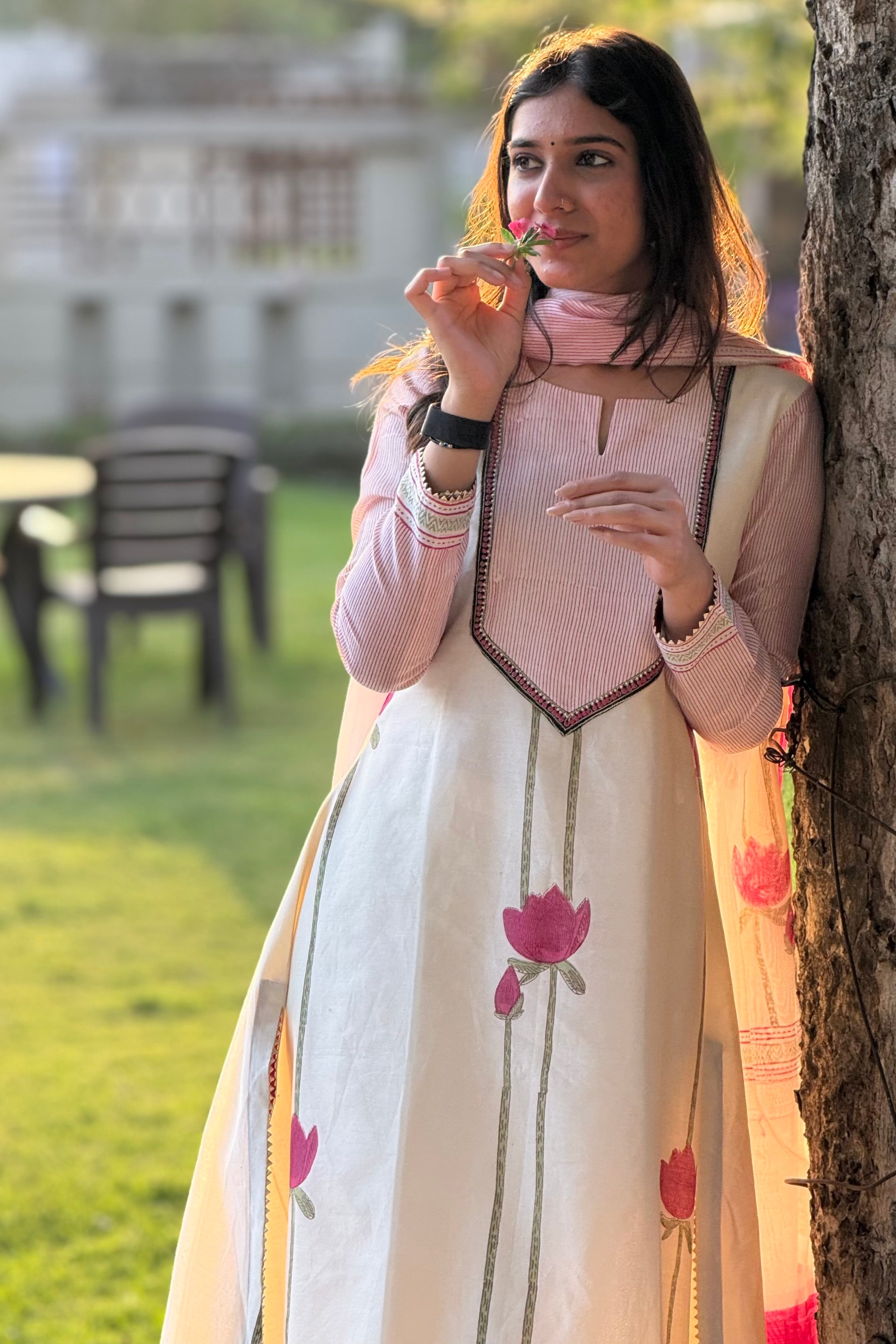 Ivory Lotus Pure Chanderi A-Line Suit Set