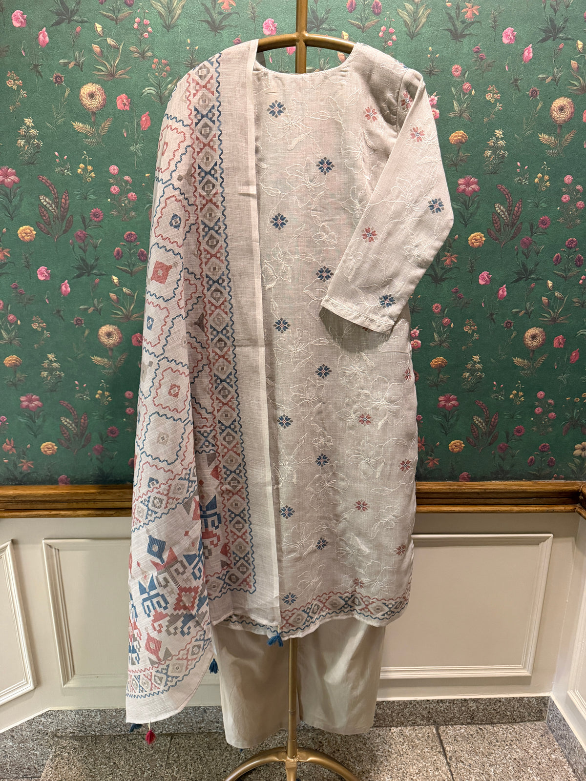 Warm Ivory Linen Embroidered Suit Set