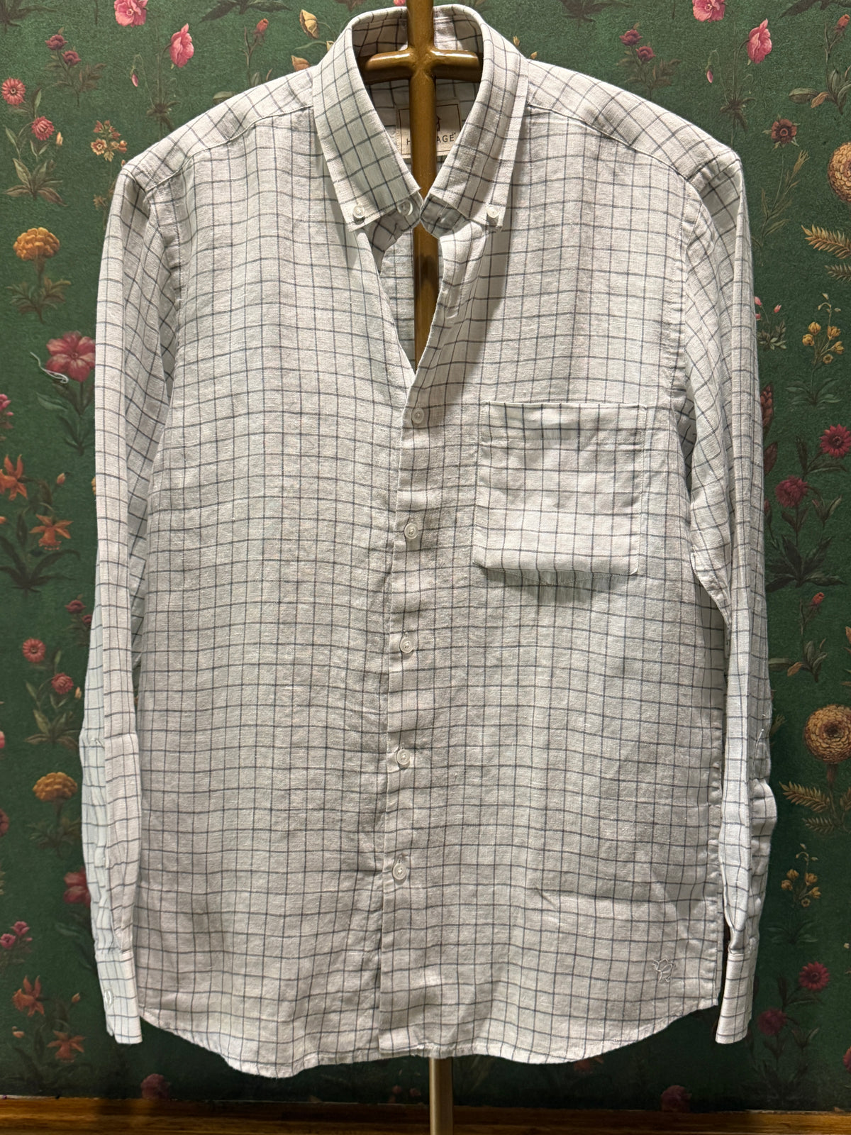 Men’s Ivory Grey Windowpane Check Pure Linen Full Sleeves Shirt