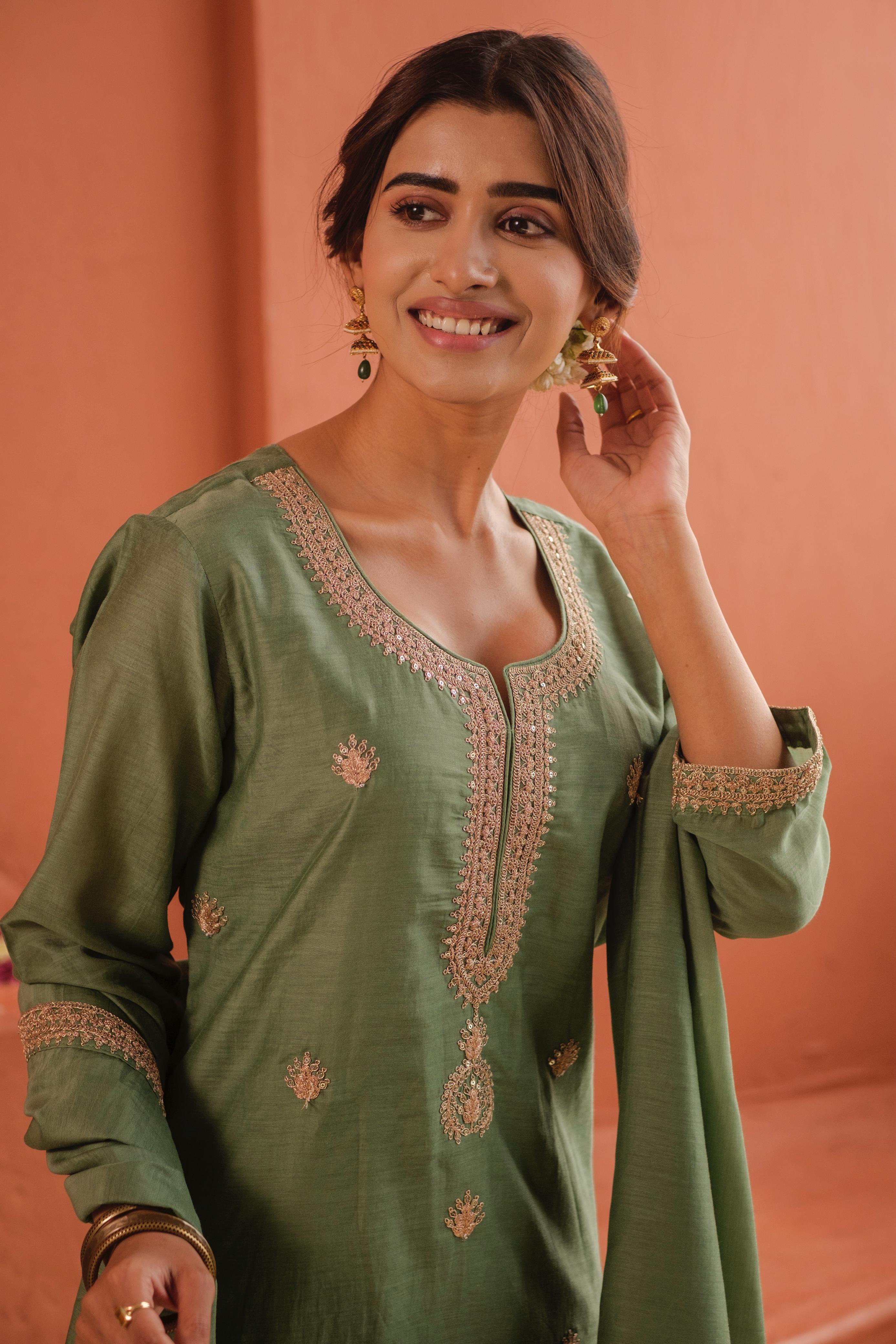 Aafreen Sage Green Mul Chanderi Embroidered Suit Set | HER-543