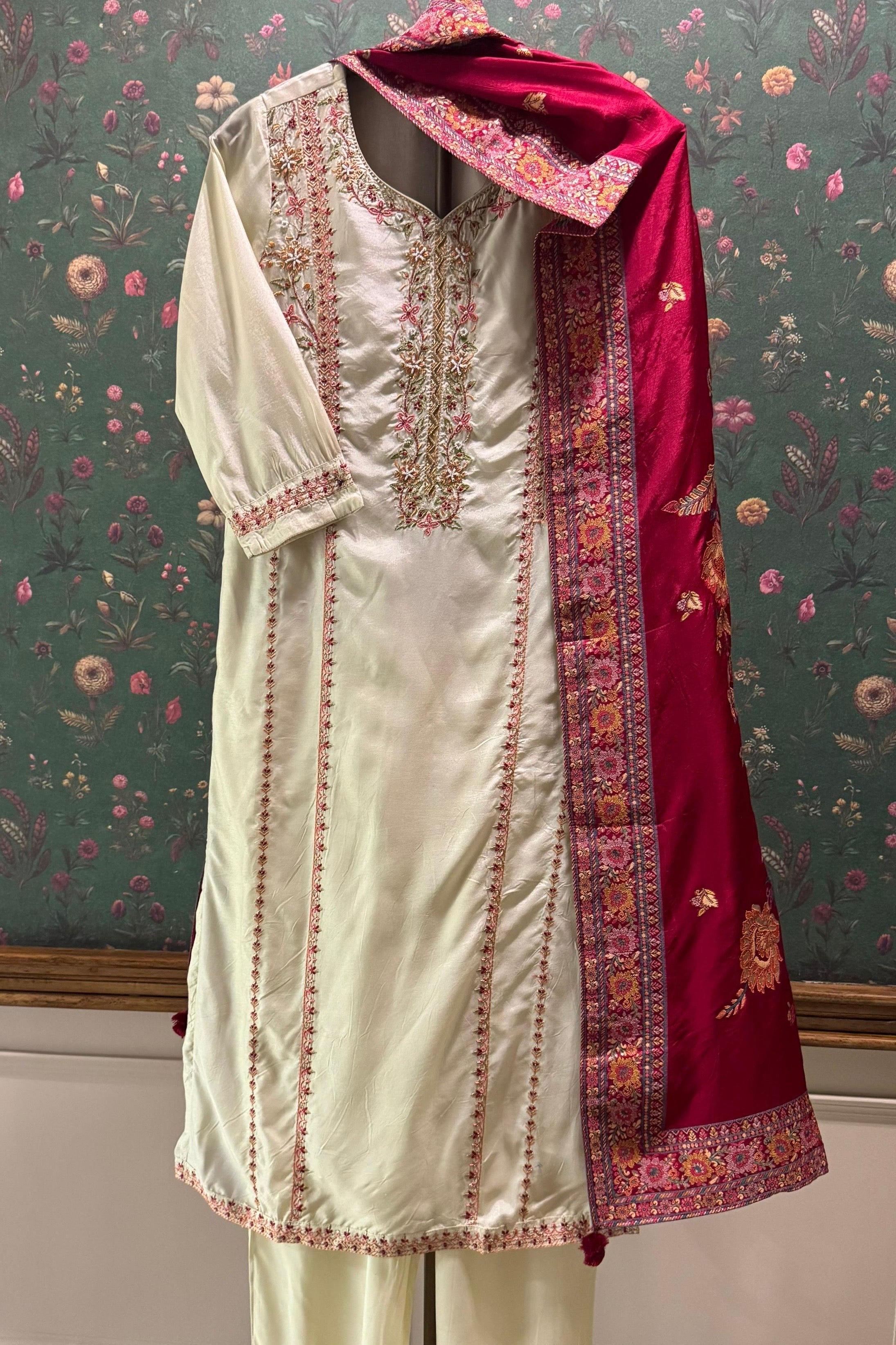 Arzoo Ivory Chanderi Embroidered Suit Set with Magenta Pink Banarasi Dupatta | HER-550