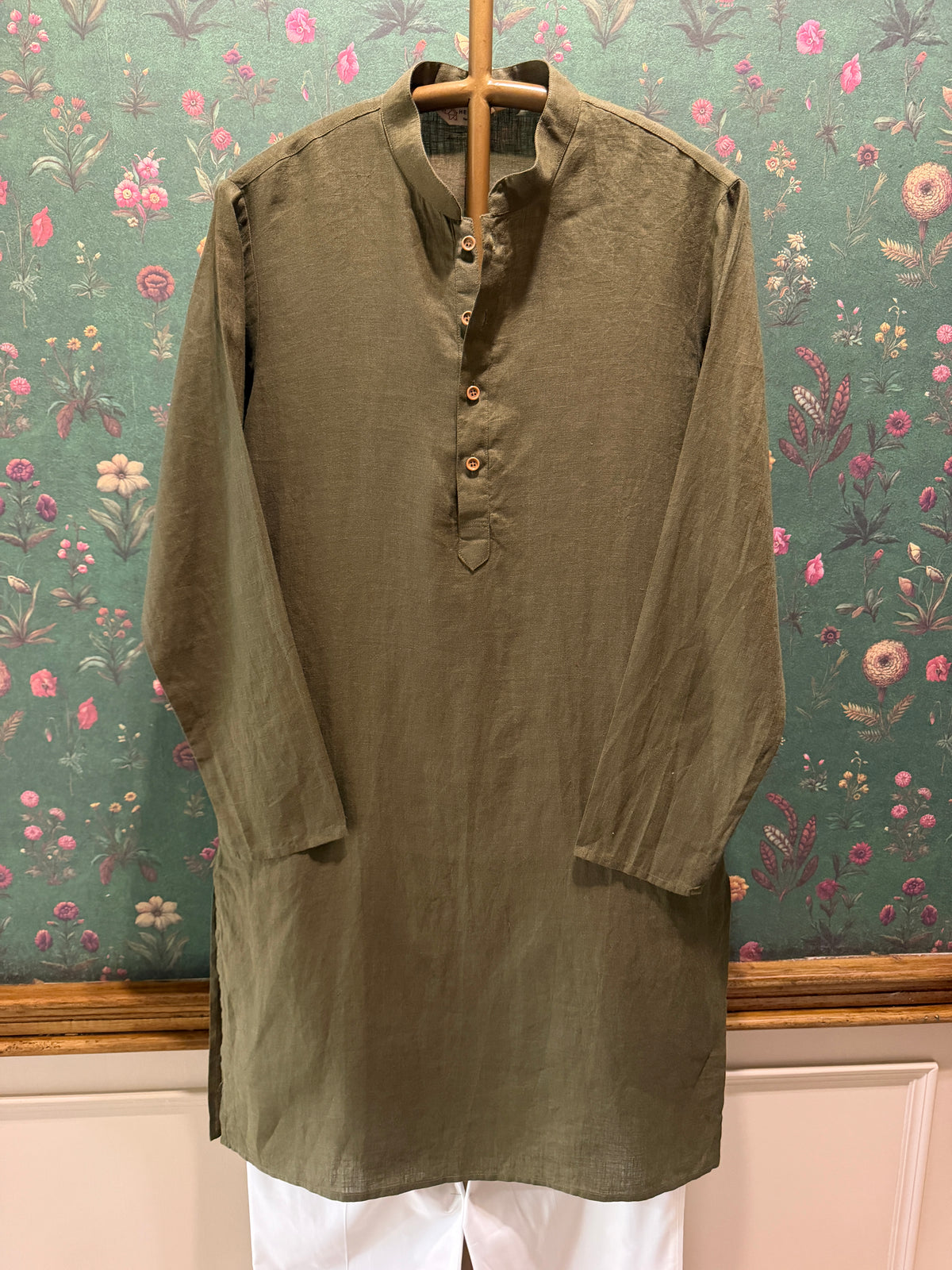 Men’s Pure Linen Kurta Pajama Set – Olive Green