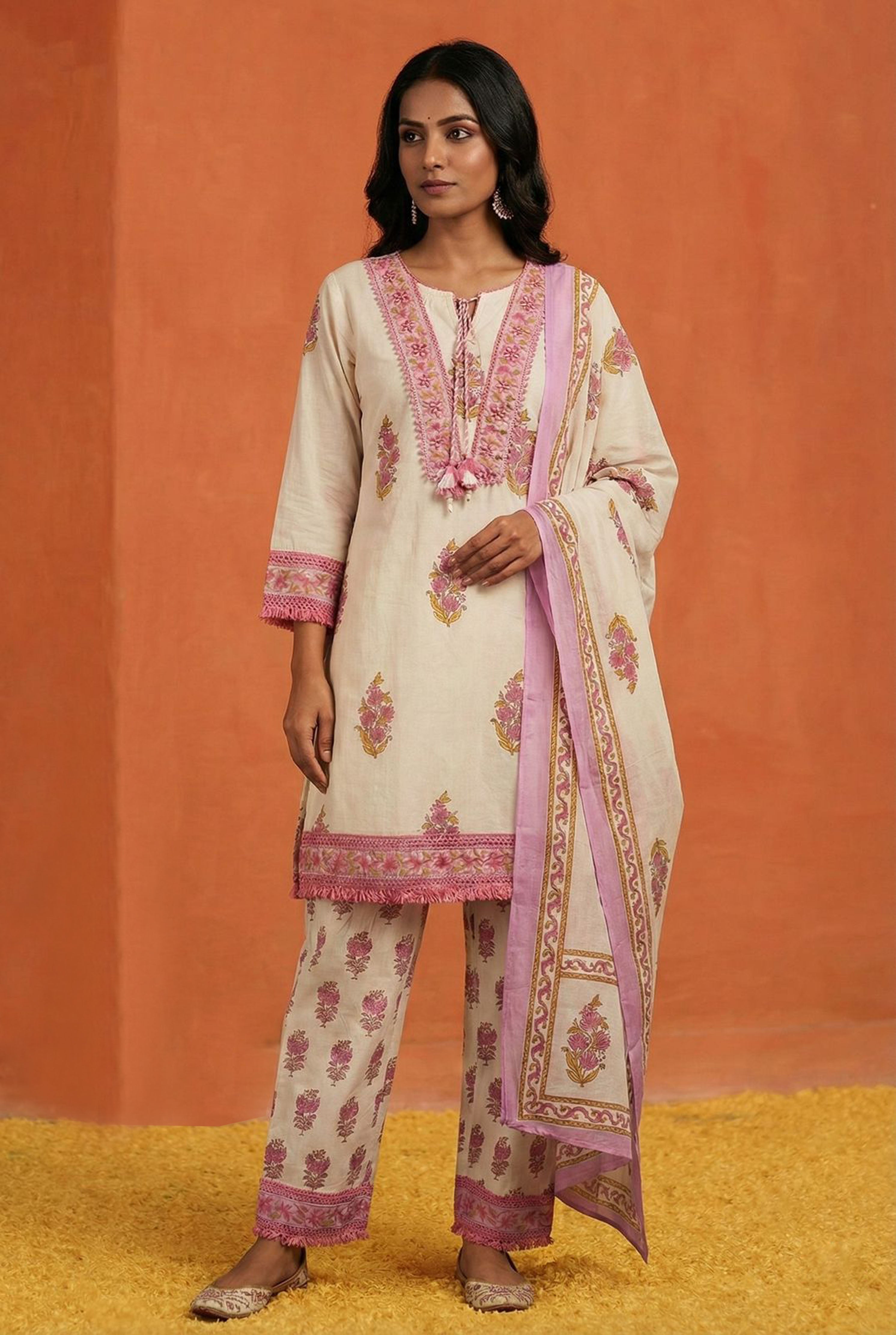 Lilac Pink Floral Cotton Suit Set