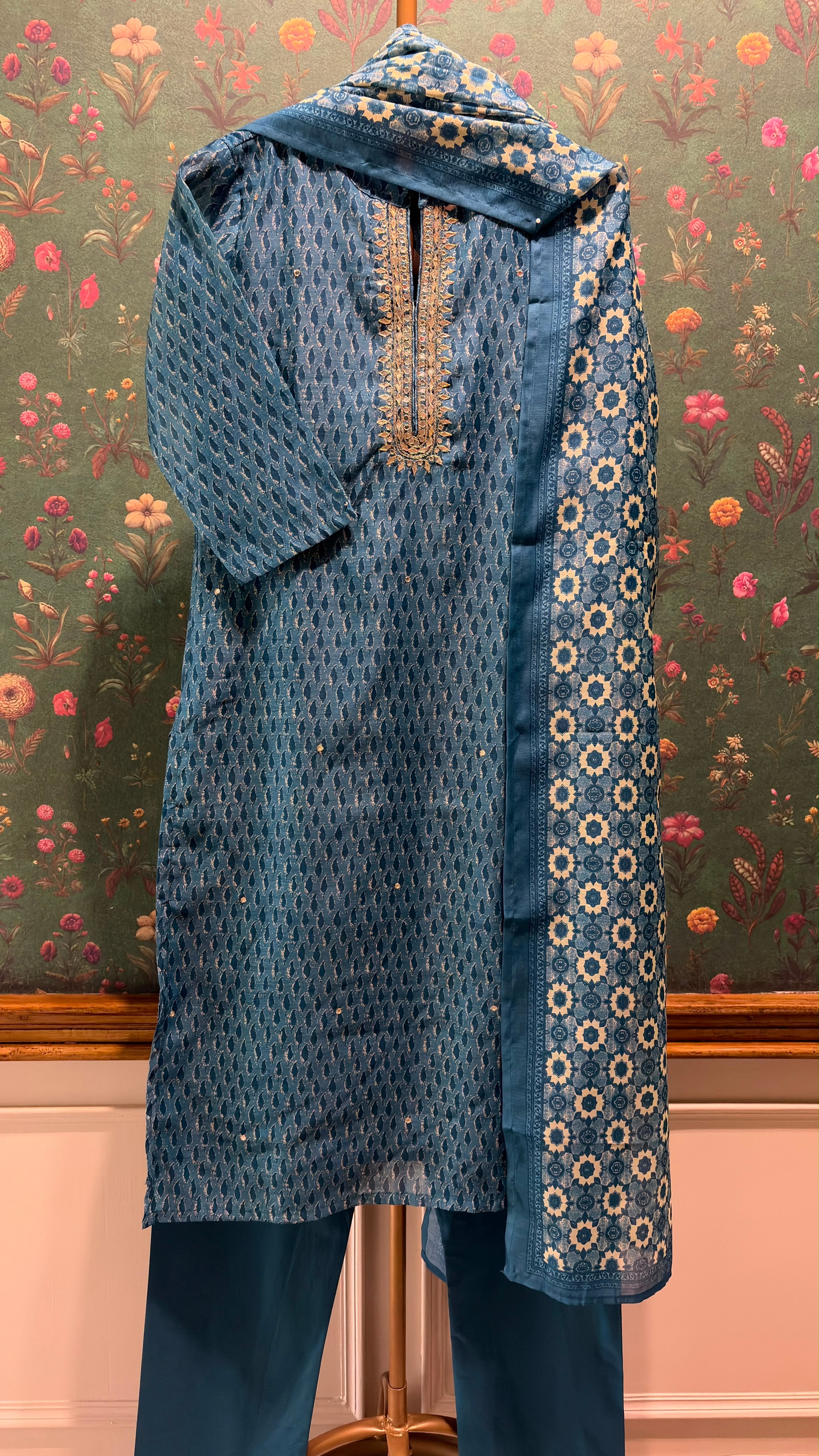 Teal Blue Printed Chanderi Suit Set with Zari | HER-397