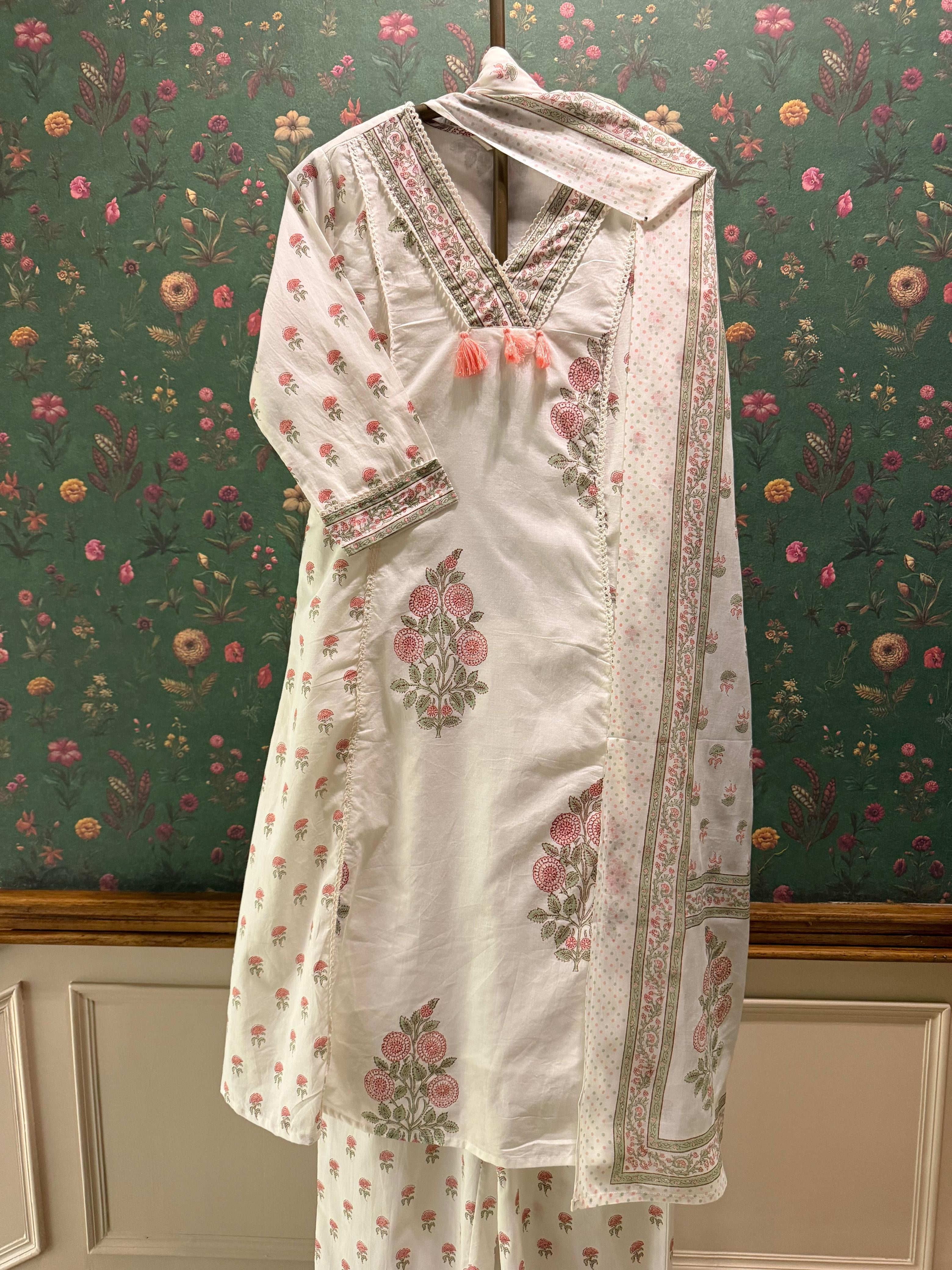 Ivory Floral Hand Block A-Line Cotton Suit Set | HER-716