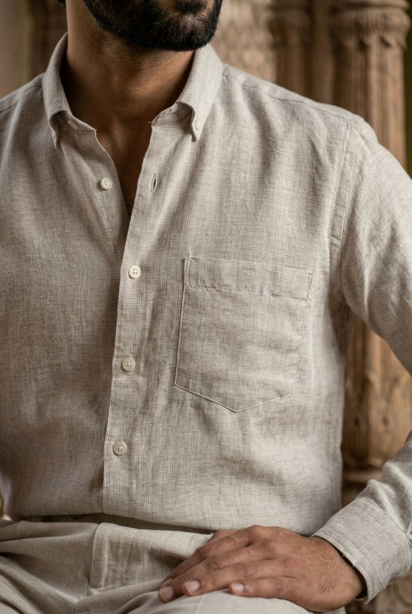 Men’s Pure Linen Full Sleeves Shirt – Natural Beige Fine Textured Print