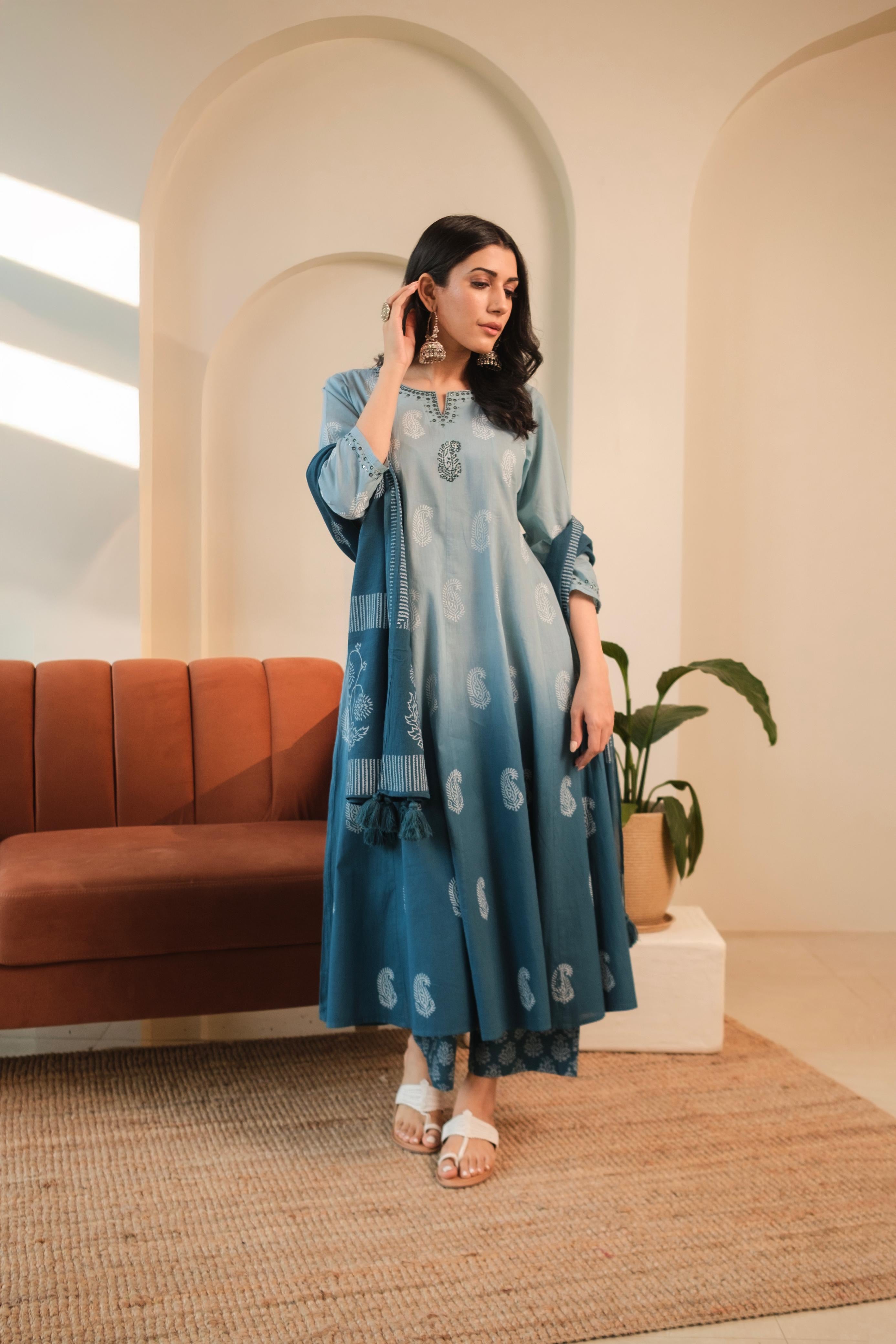 Ombré Blue A-Line Suit Set, with Palazzo Pants | HER-545