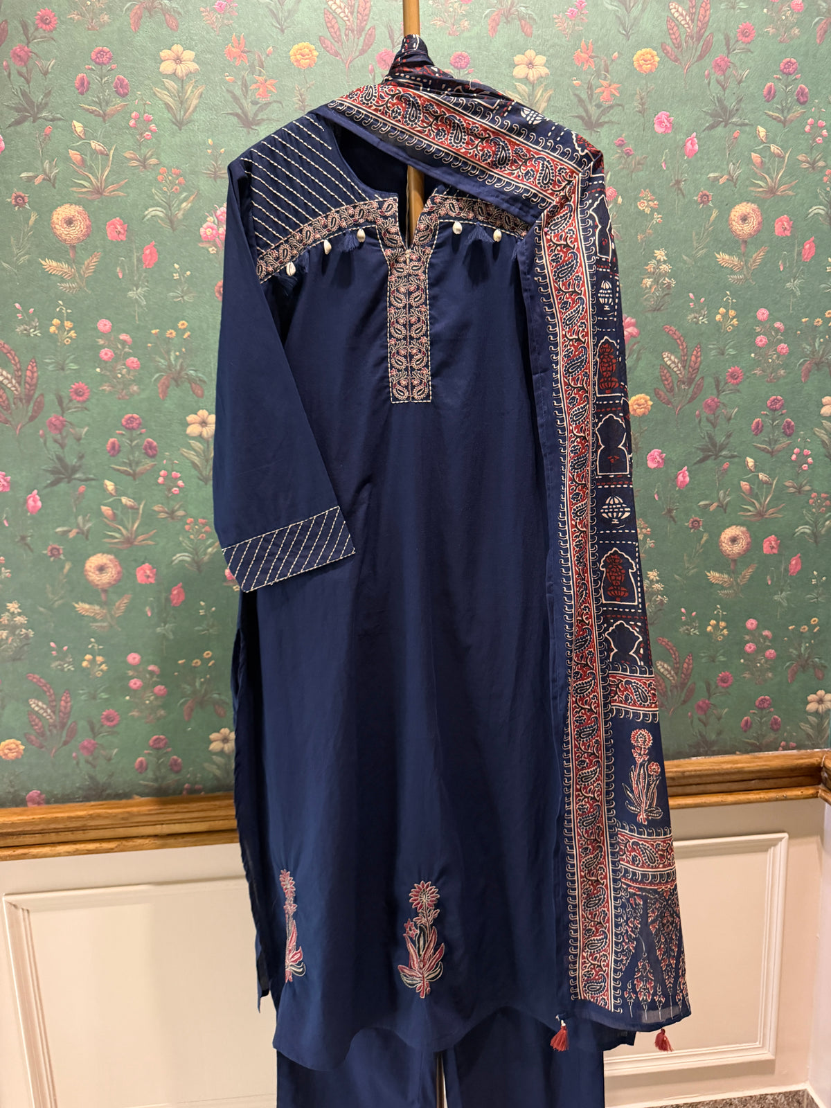 Navy Blue Embroidered Pure Cotton Suit Set