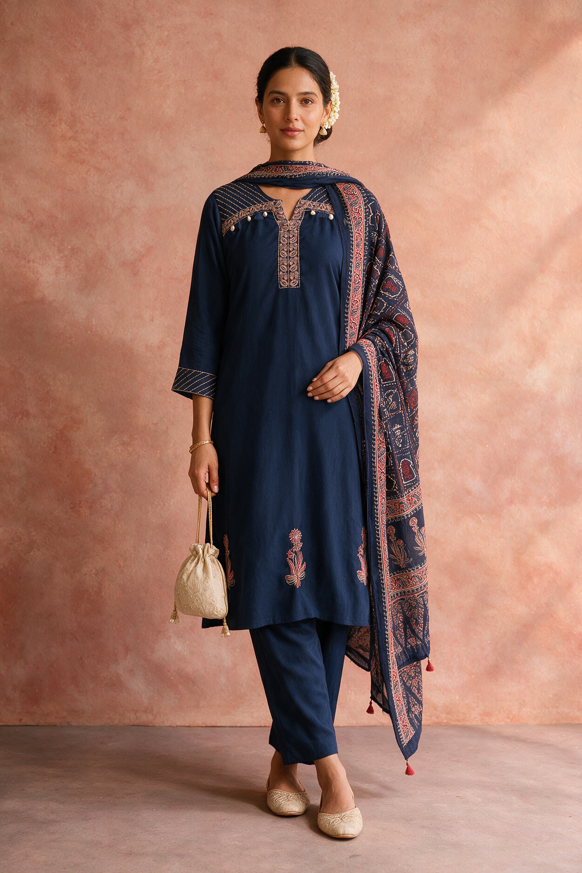Navy Blue Embroidered Pure Cotton Suit Set