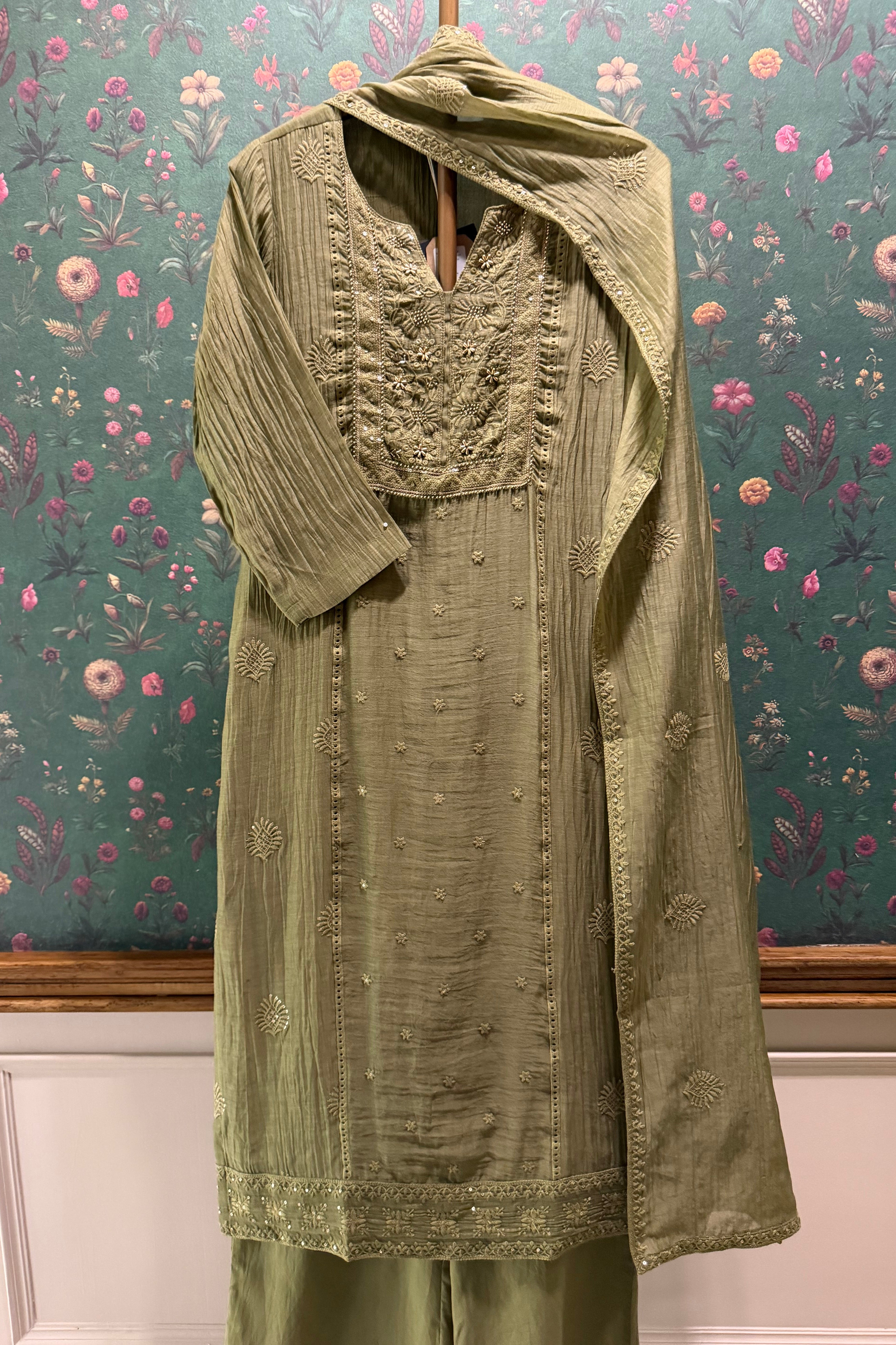 Antique Olive Green Noor Chikankari Suit Set | HER-620