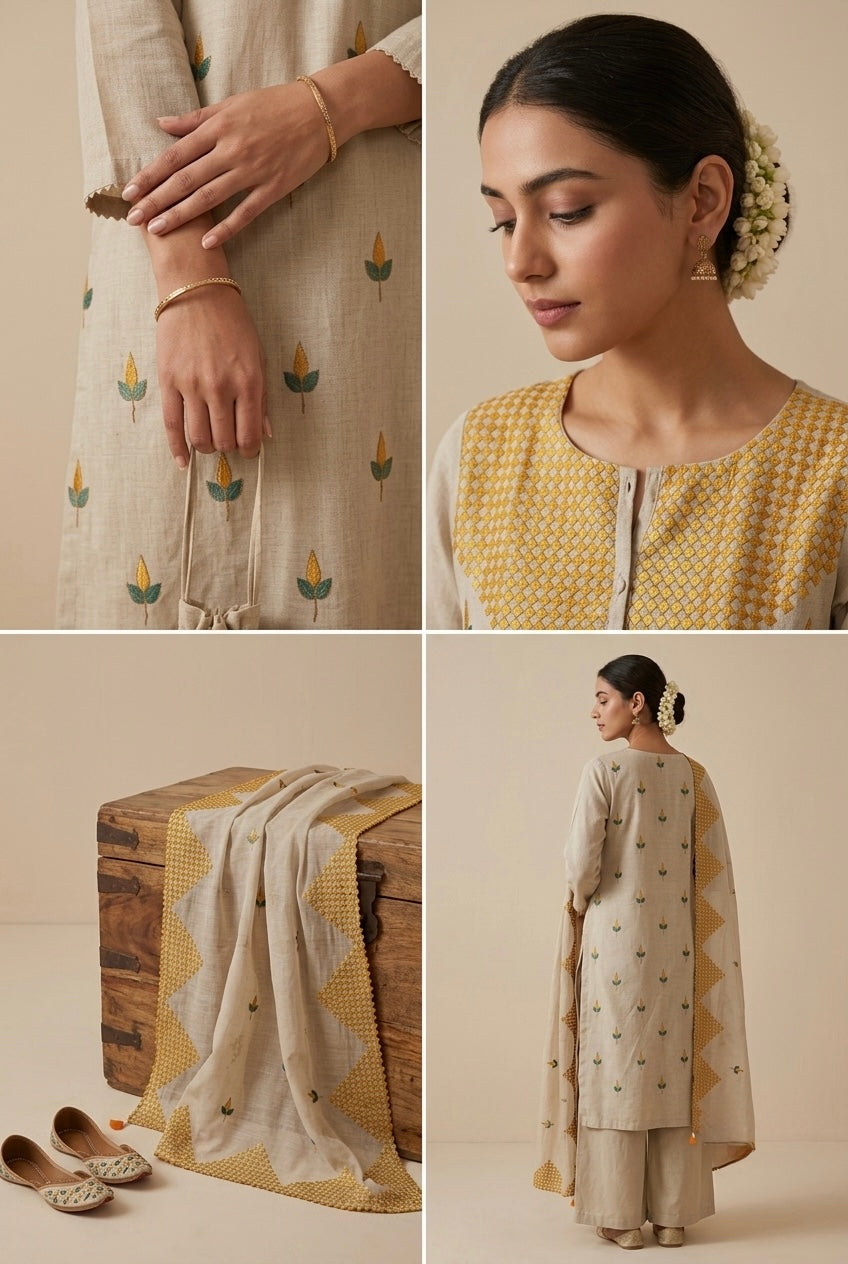 Ivory Beige and Mustard Yellow Embroidered Pure Chanderi Suit Set