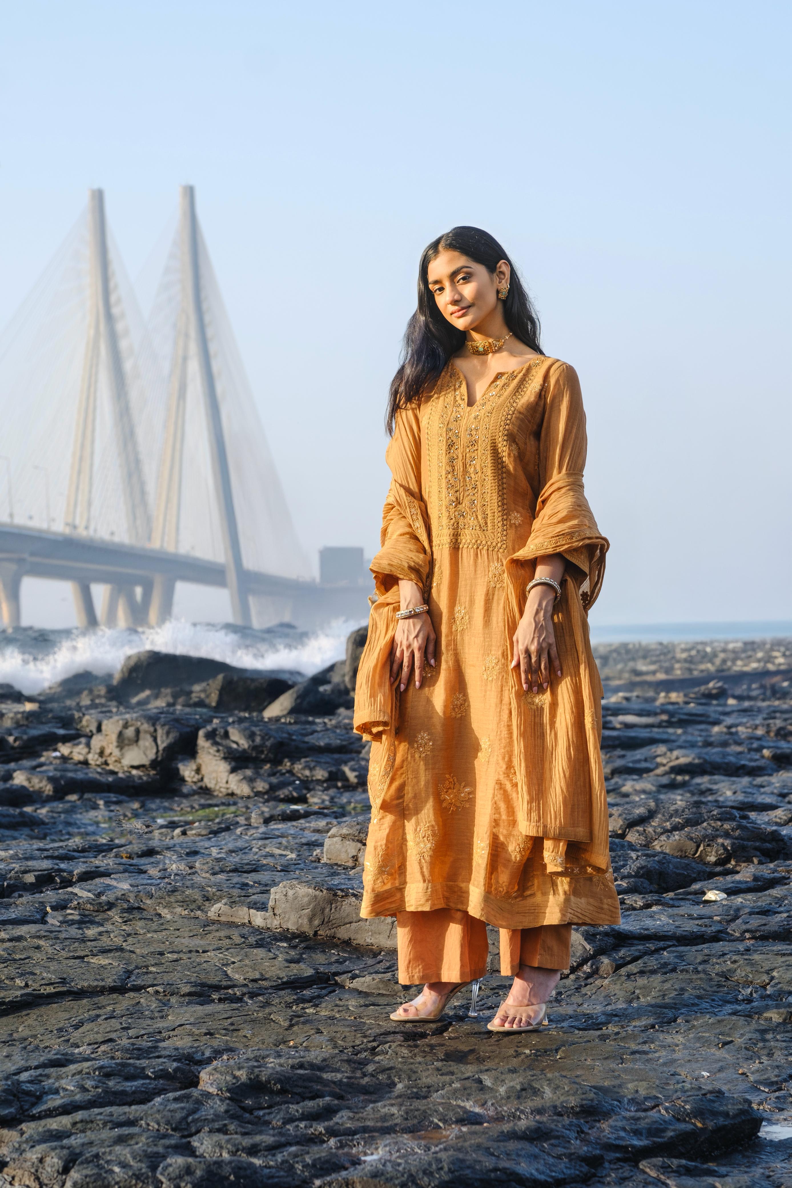 Ochre Yellow Chikankari A-Line Mul Chanderi Suit Set | HER-626
