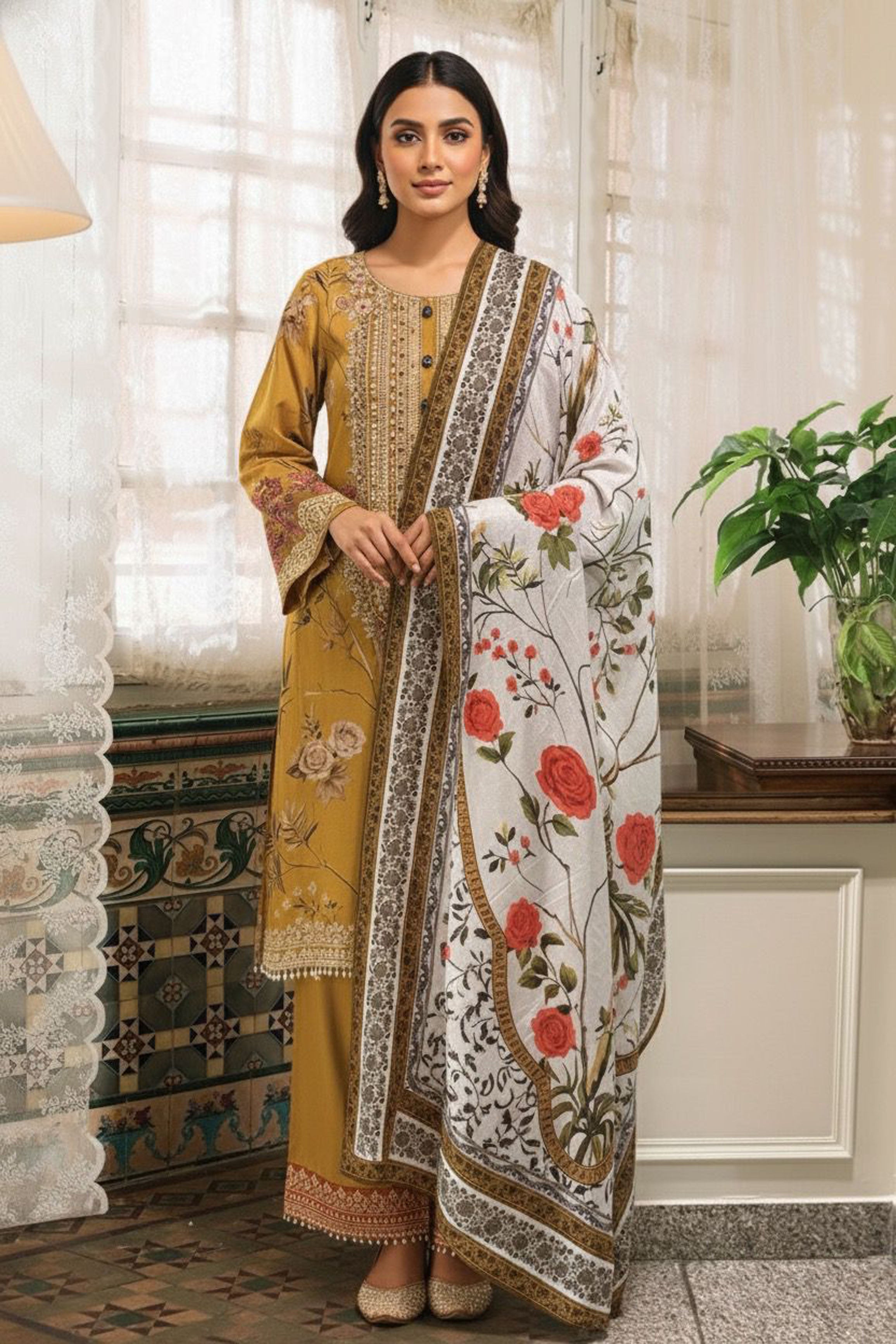 Mustard Rose Garden Embellished Suit Set | HER-614