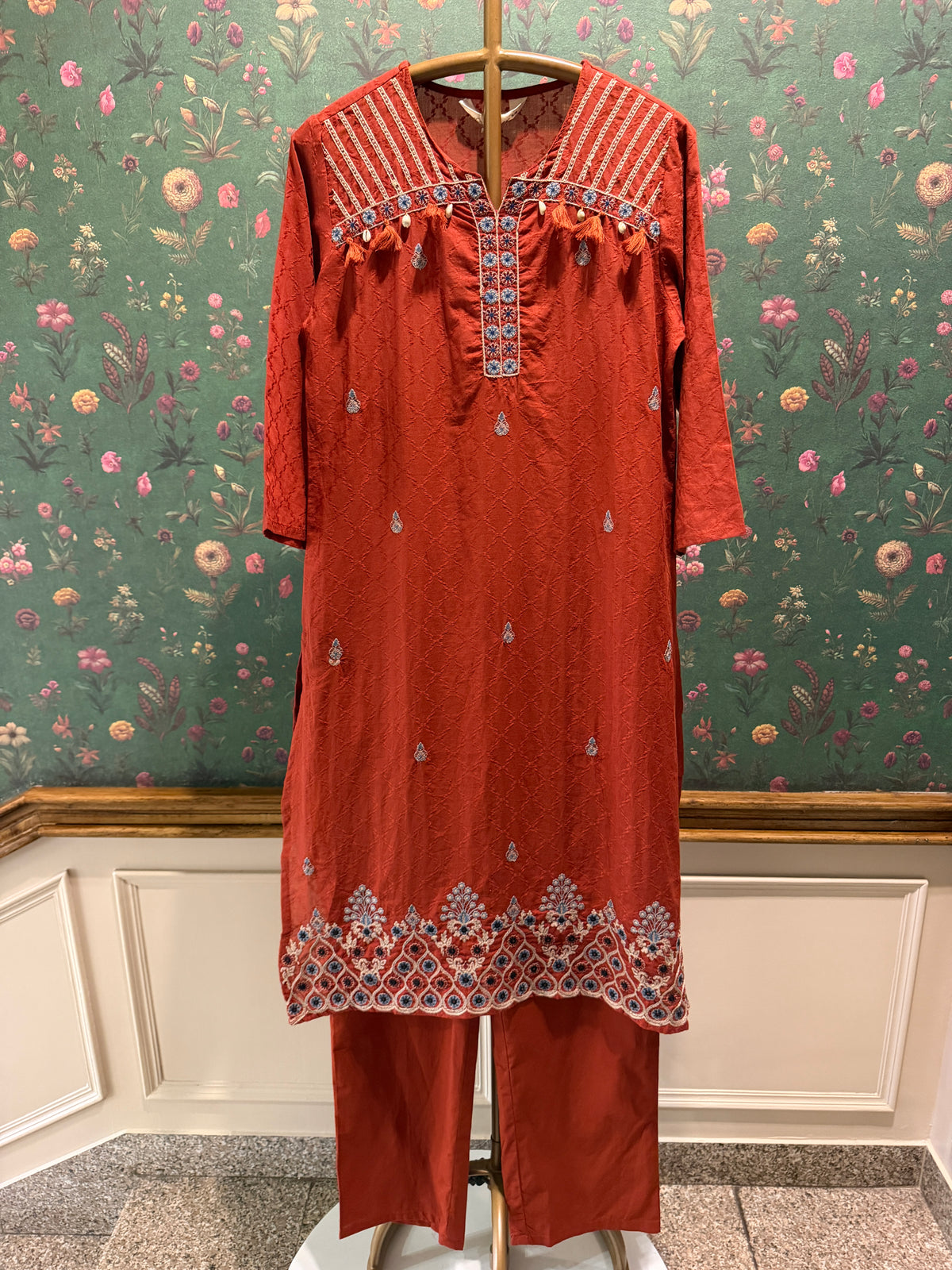 Rust Orange Embroidered Pure Cotton Suit Set