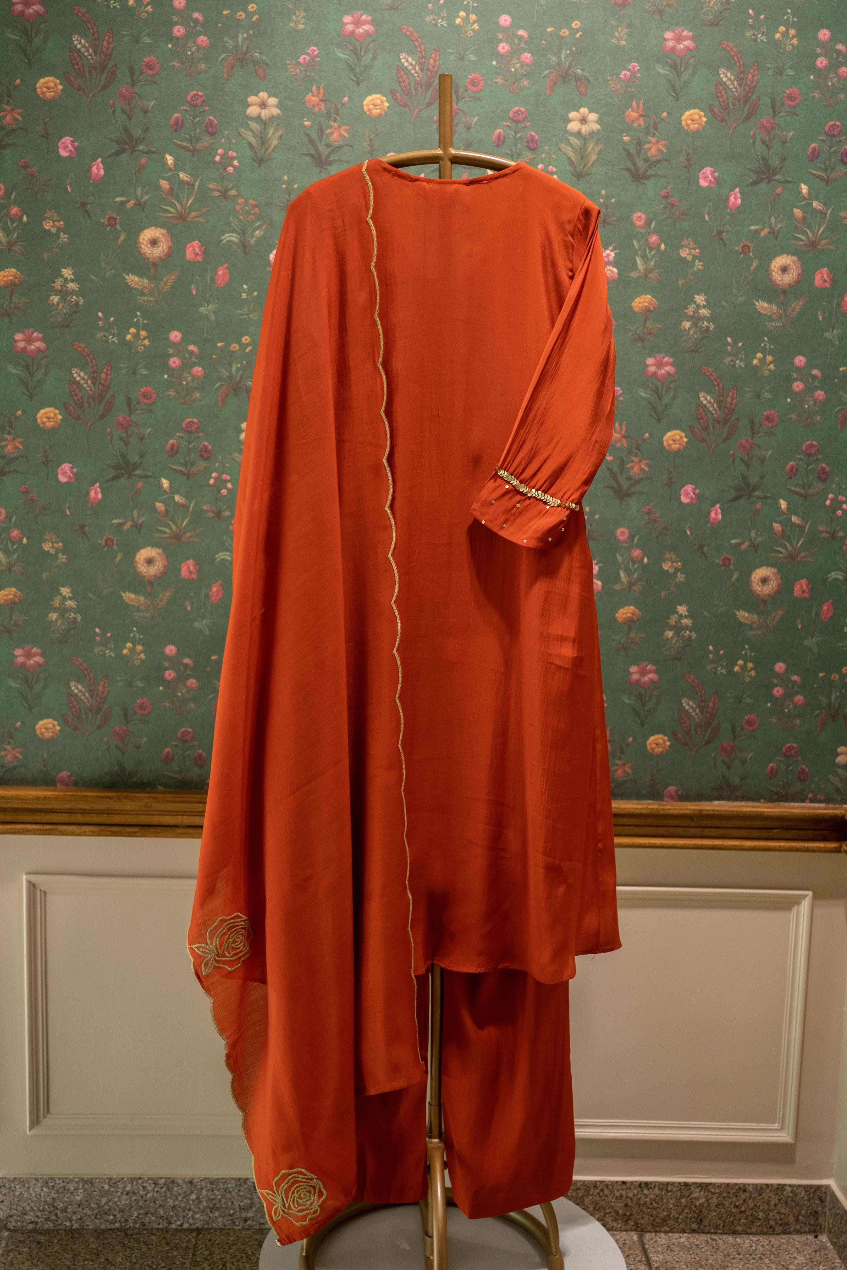 Terracotta Rust Orange, Rose Pintuck Palazzo Set with Scallop Dupatta| HER-587 RUST