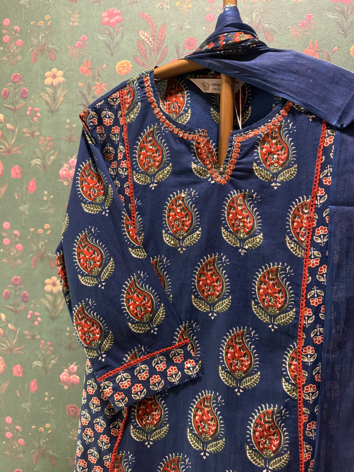 Indigo Blue Paisley Printed A-Line Cotton Suit Set | HER-720