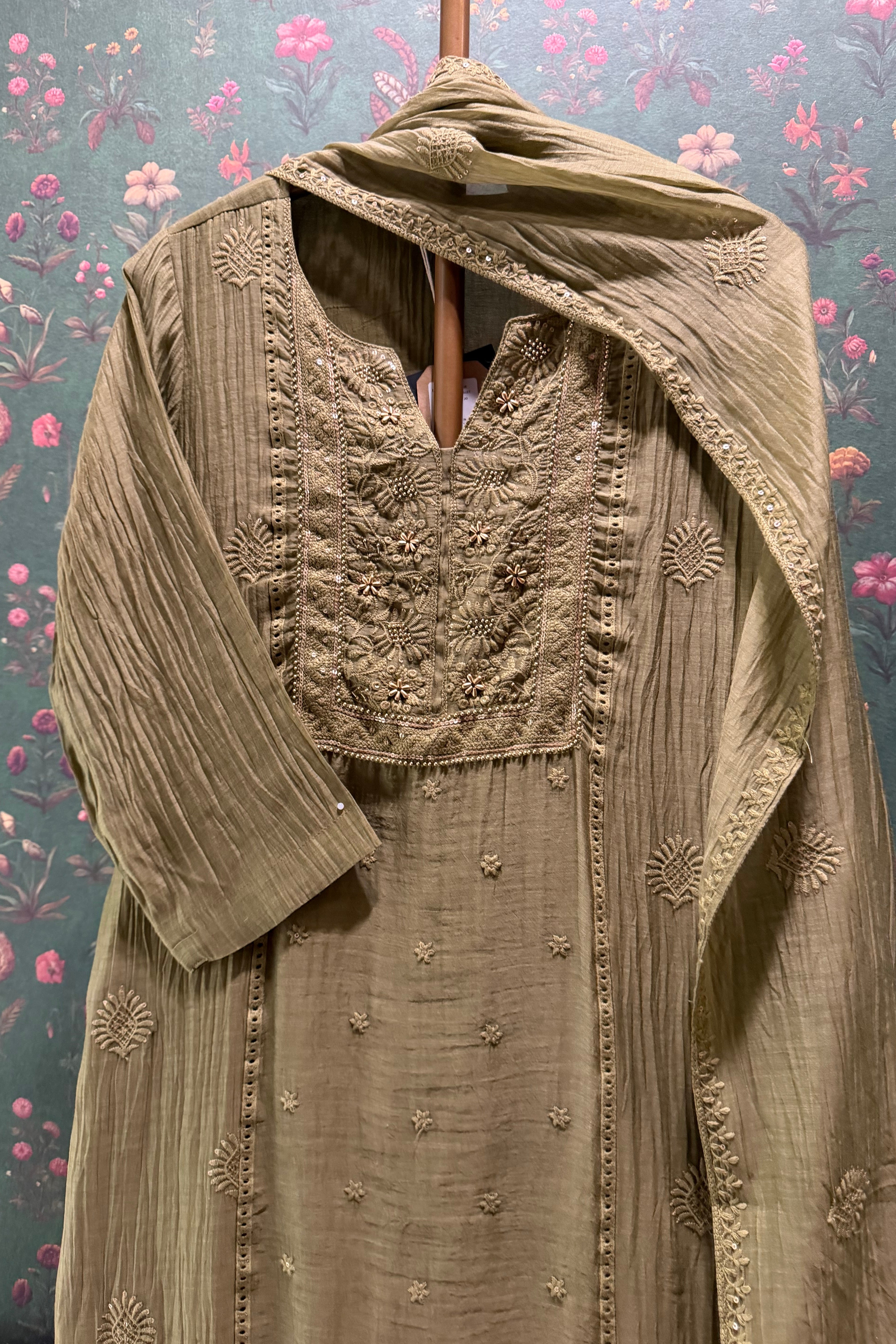 Antique Olive Green Noor Chikankari Suit Set | HER-620