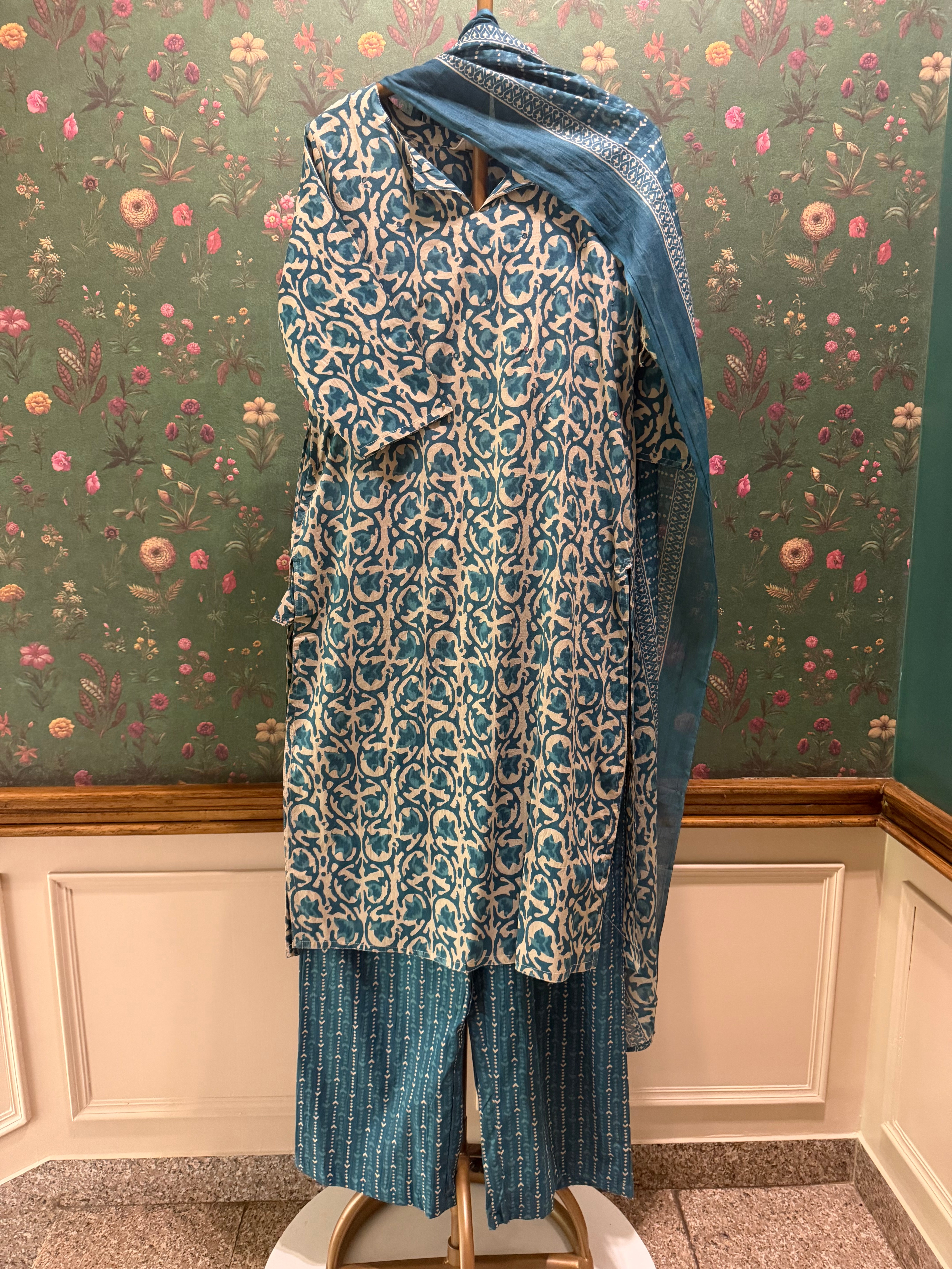 Blue Printed Cotton Suit Set | HER-732