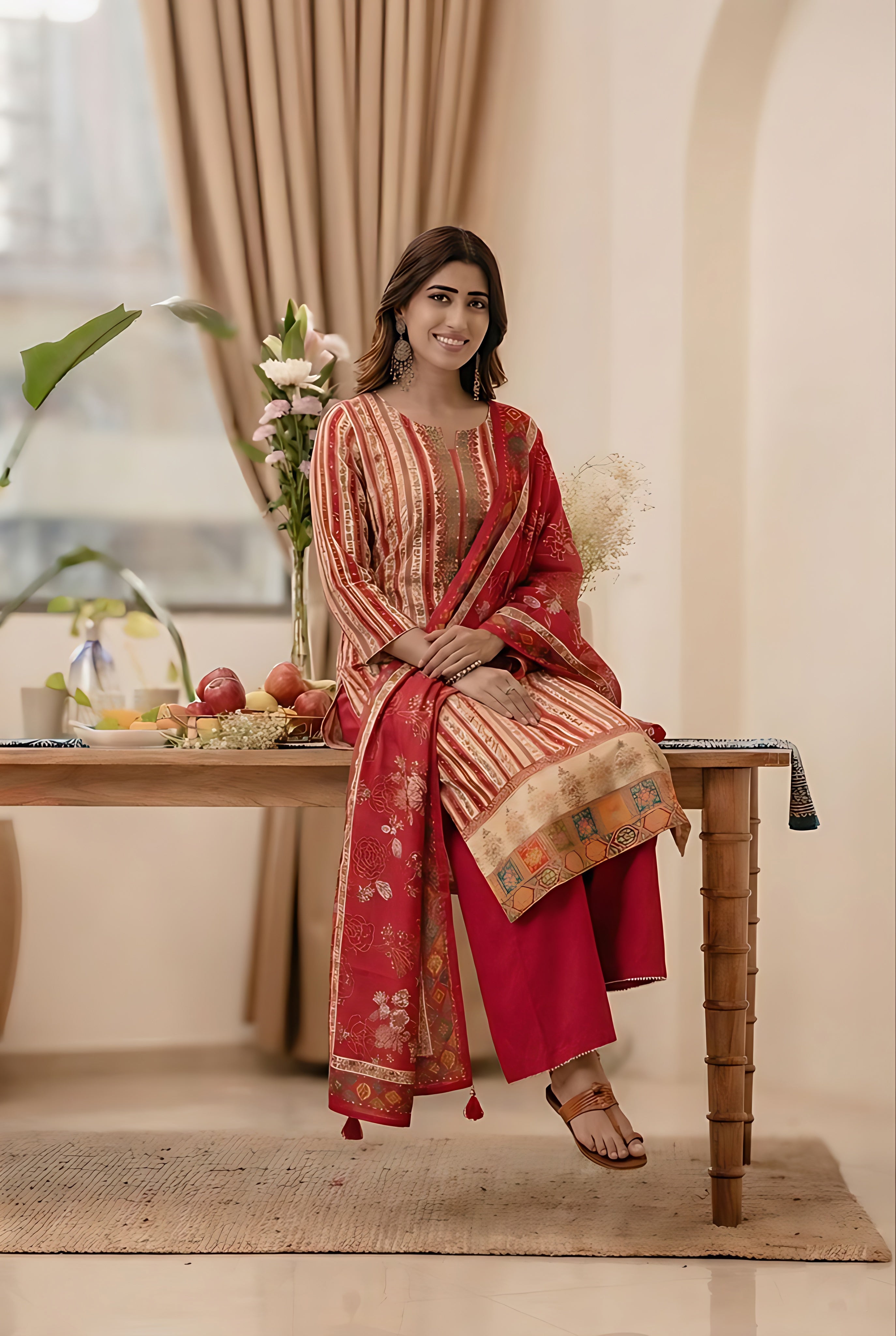 Rangriti Red Dola Jacquard Suit Set | HER-549
