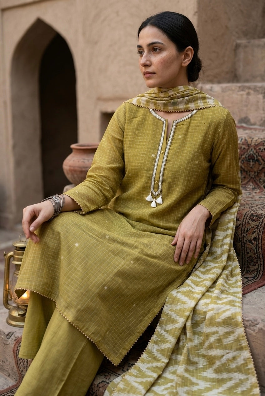 Olive Mustard Handwoven Check Pure Chanderi Suit Set